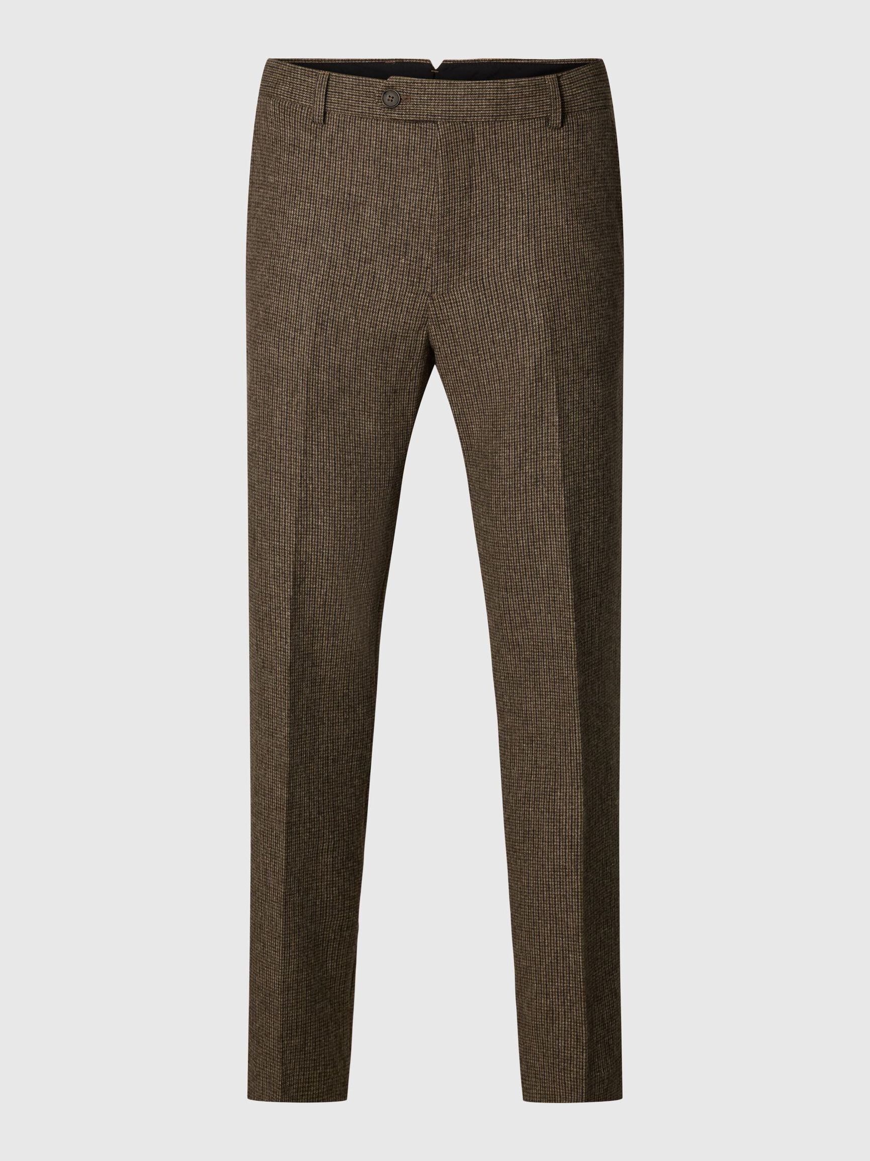 CHECKED WOOL BLEND TROUSERS, Medium Brown Melange, highres