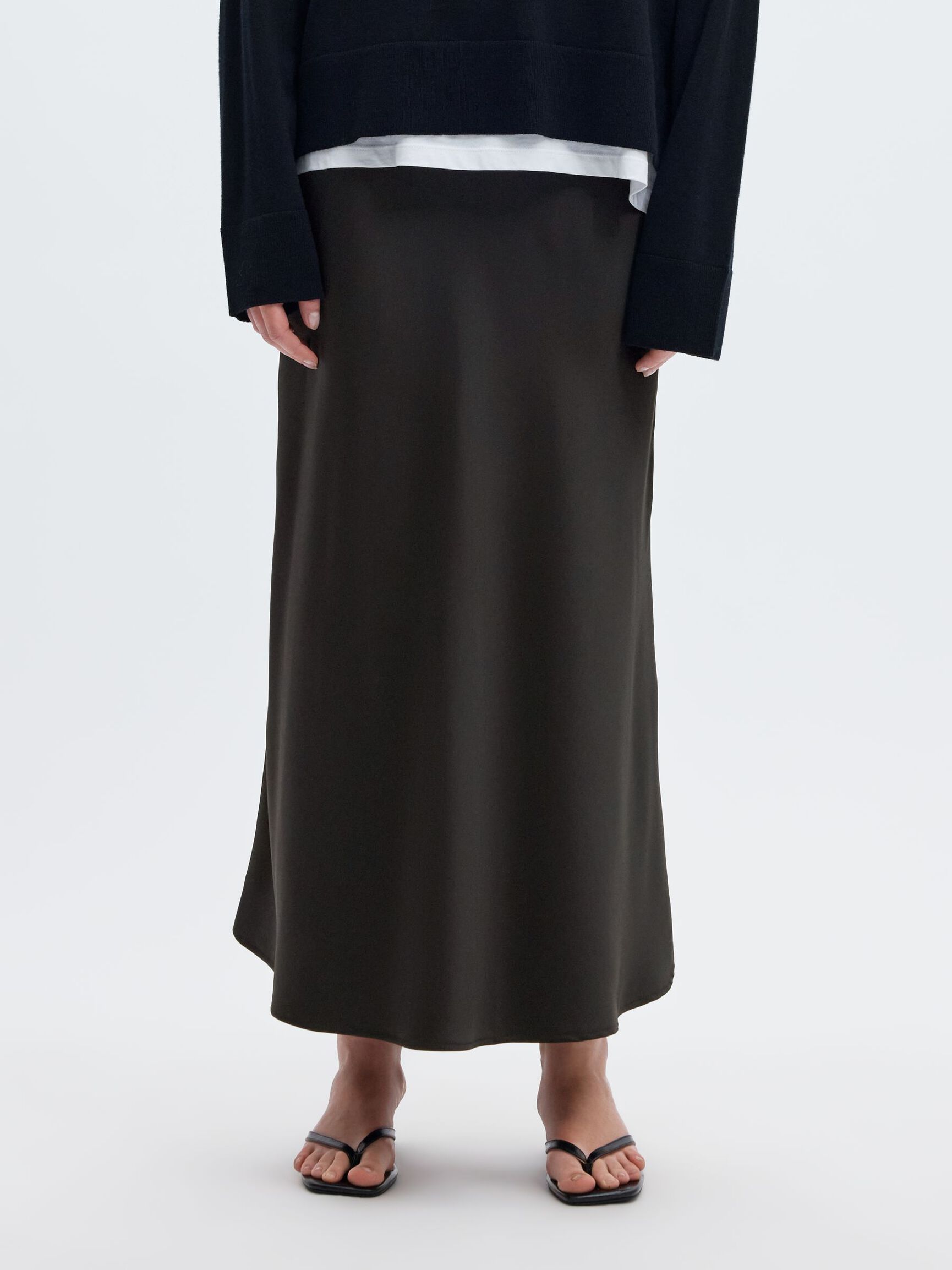 SATIN MIDI SKIRT, Black, highres