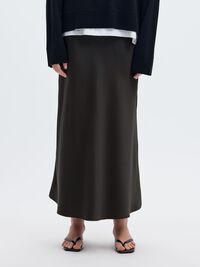 SATIN MIDI SKIRT, Black, highres
