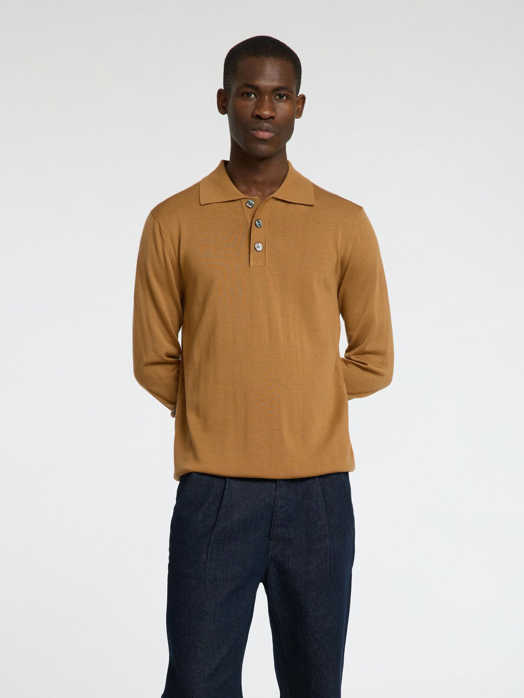 100% MERINO WOOL KNITTED POLO SHIRT, Chipmunk, highres