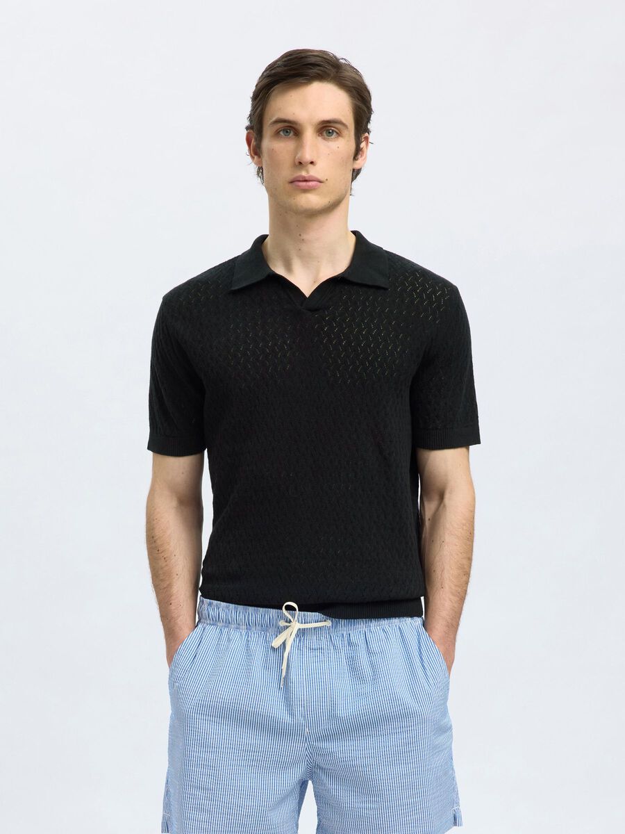 Selected CROCHET STYLE KNITTED POLO SHIRT, Black, highres - 16097572_Black_003.jpg