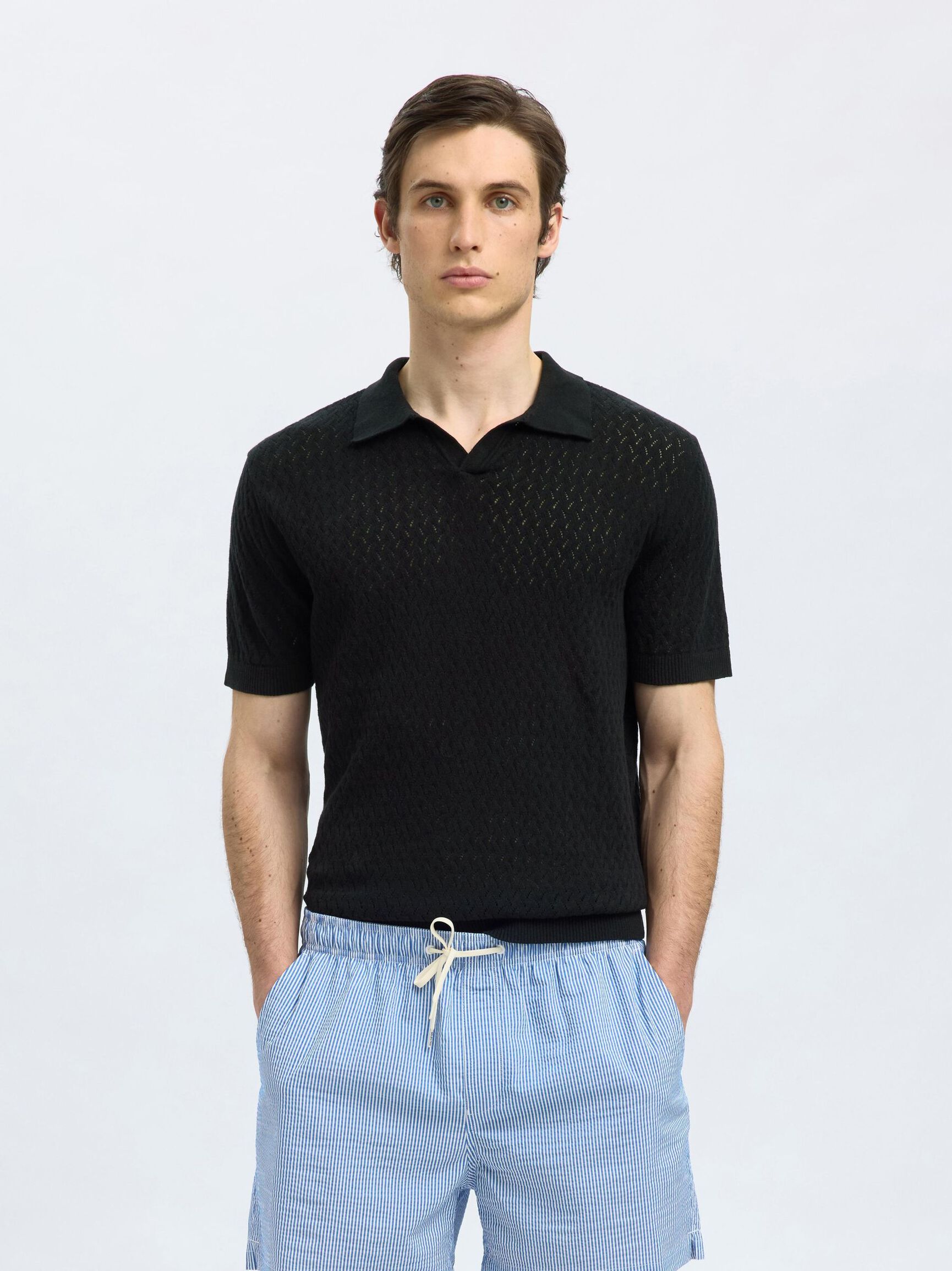 DZIANINOWA KOSZULA POLO, Black, highres