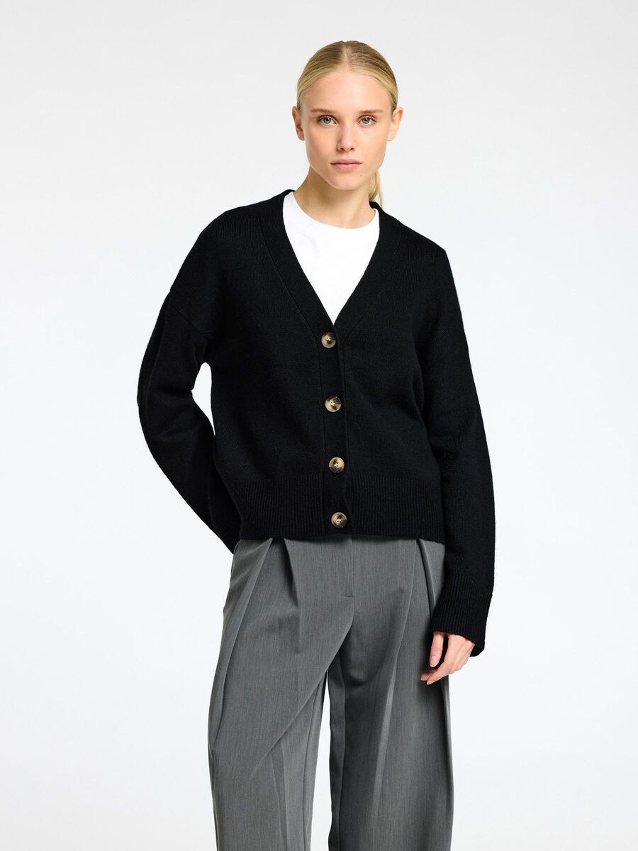 Selected WOOL BLEND KNITTED CARDIGAN, Black, highres - 16096553_Black_003.jpg
