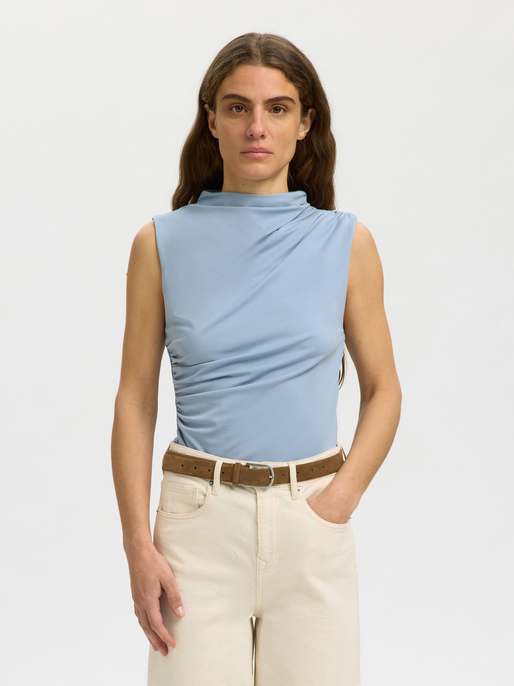 DRAPIERTES ÄRMELLOSES OBERTEIL, Dusty Blue, highres