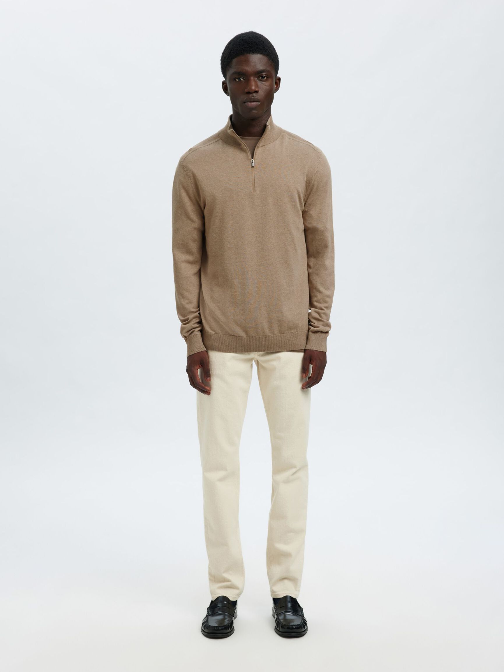 HALF-ZIP KNITTED JUMPER, Savannah Tan, highres