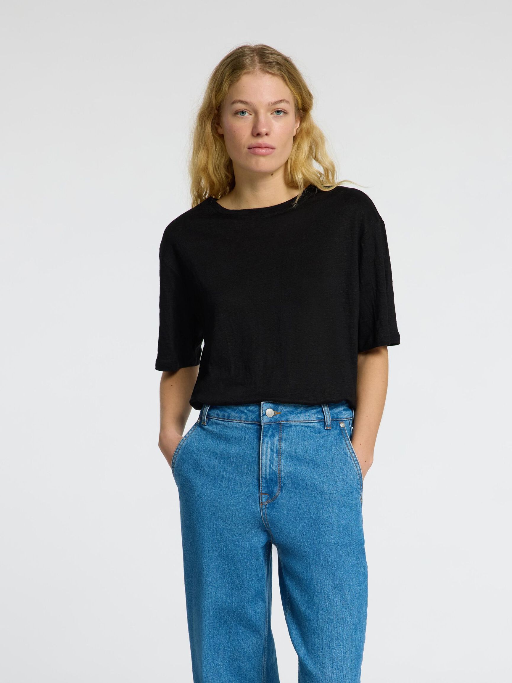 LINEN T-SHIRT, Black, highres