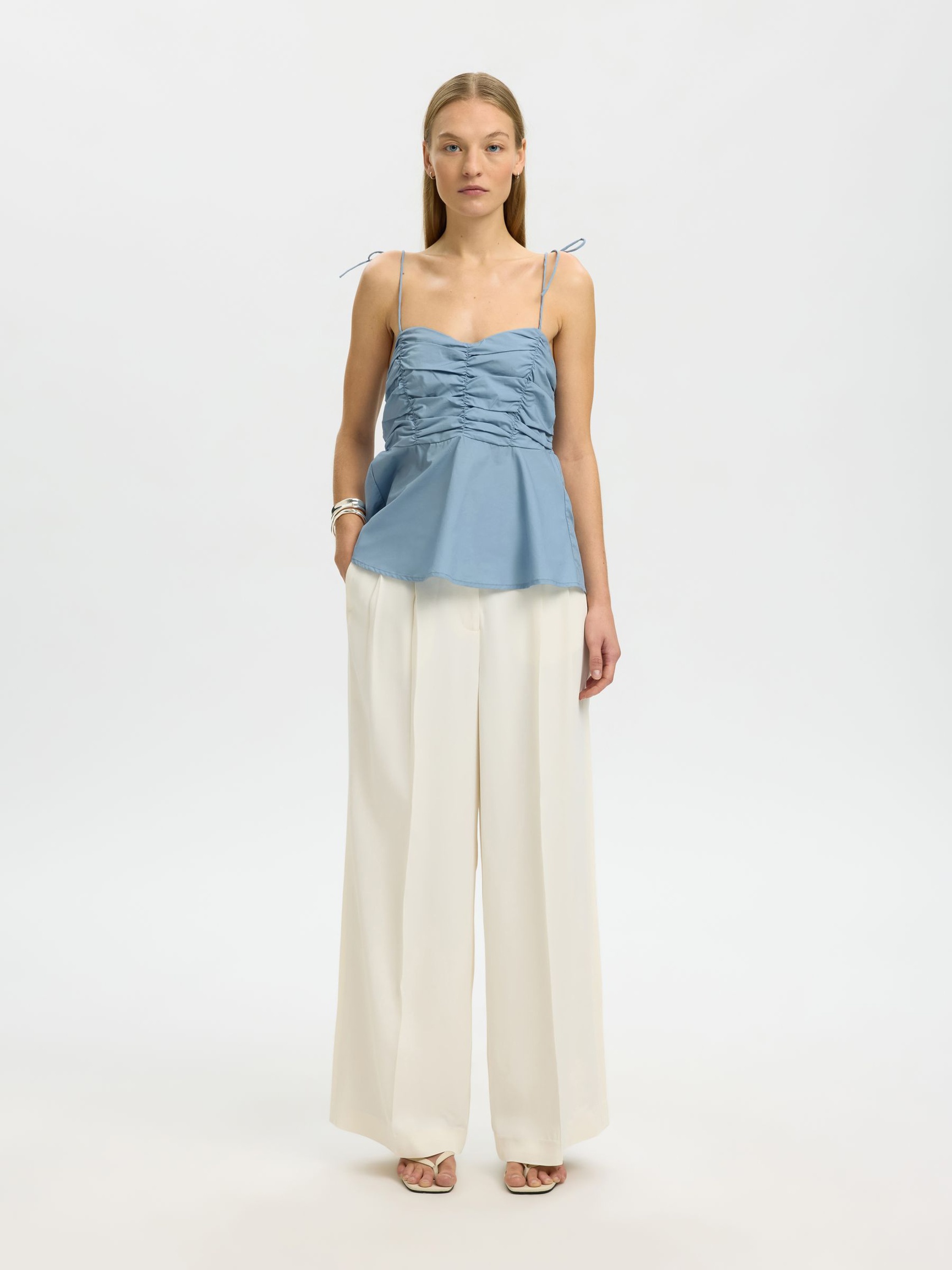 KATOENEN TOP MET SPAGHETTIBANDJES, Dusty Blue, highres