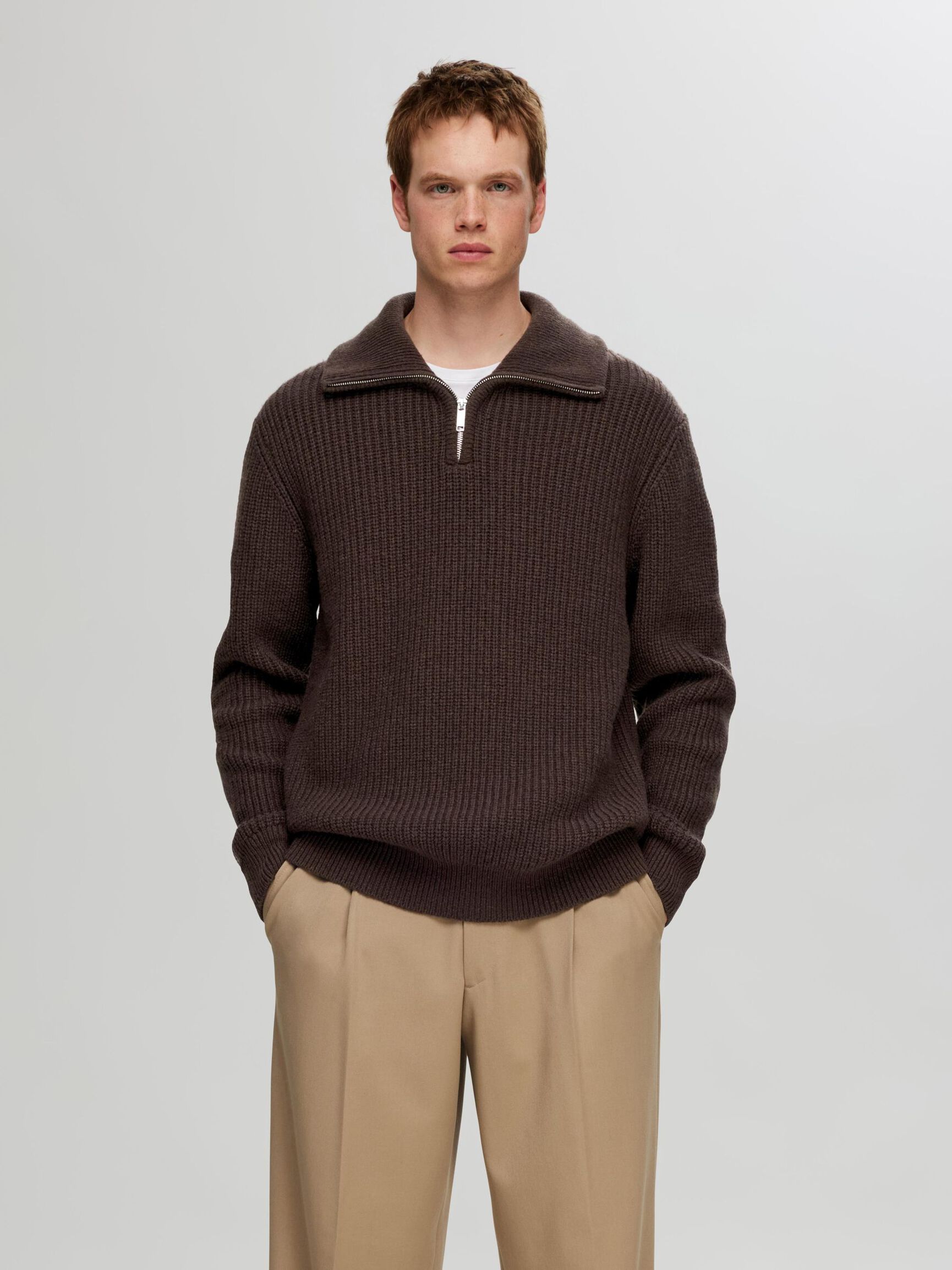 WOLLGEMISCH STRICK HALF-ZIP PULLOVER, Chocolate Torte, highres