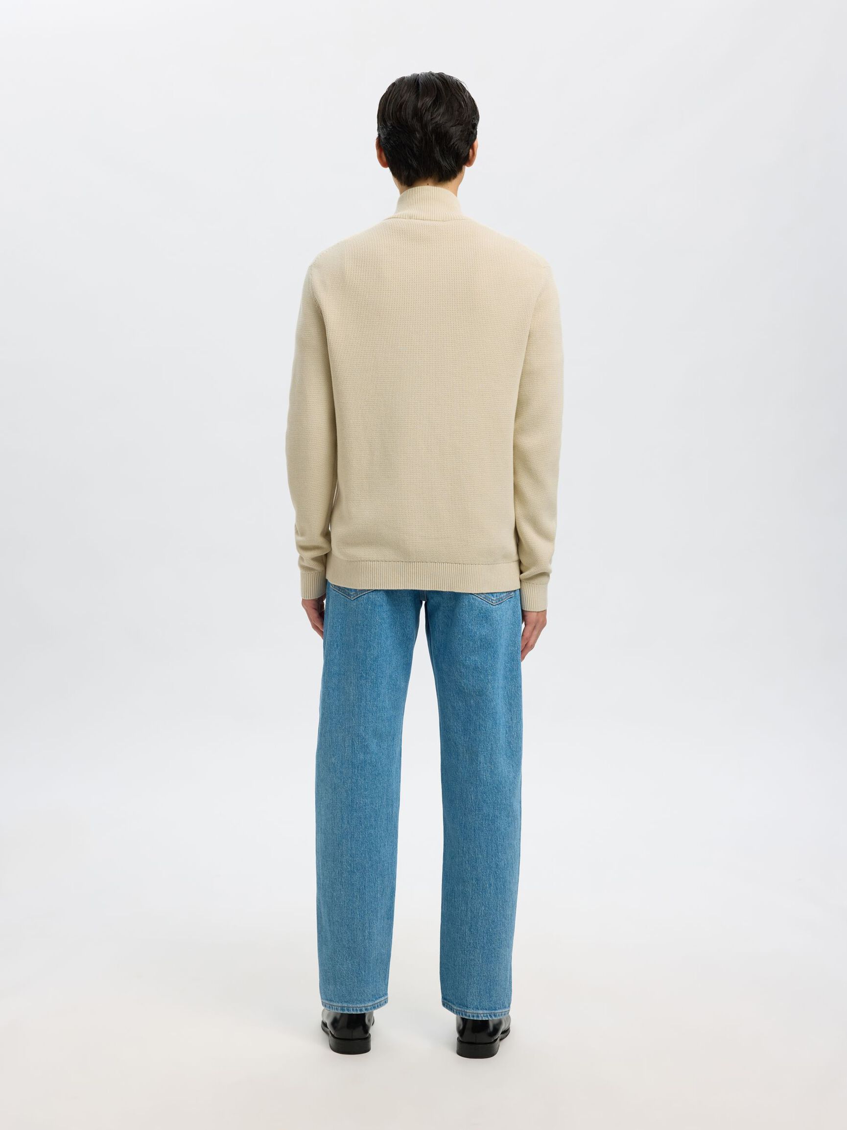 ZIPPED HIGH NECK KNITTED CARDIGAN, Oatmeal, highres