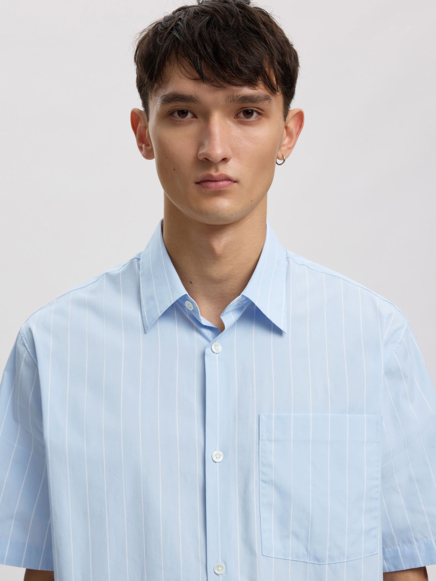 STRIBET KORTÆRMET SKJORTE, Cashmere Blue, highres