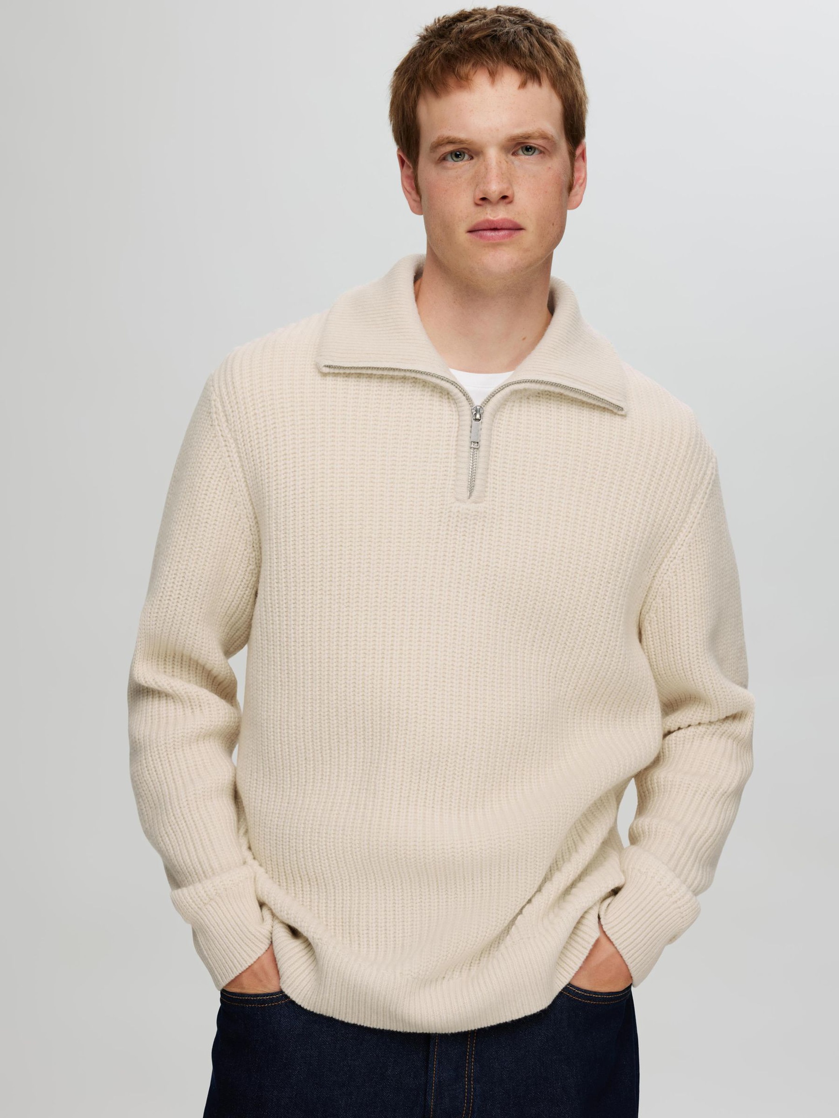 WOLLGEMISCH STRICK HALF-ZIP PULLOVER, Tofu, highres