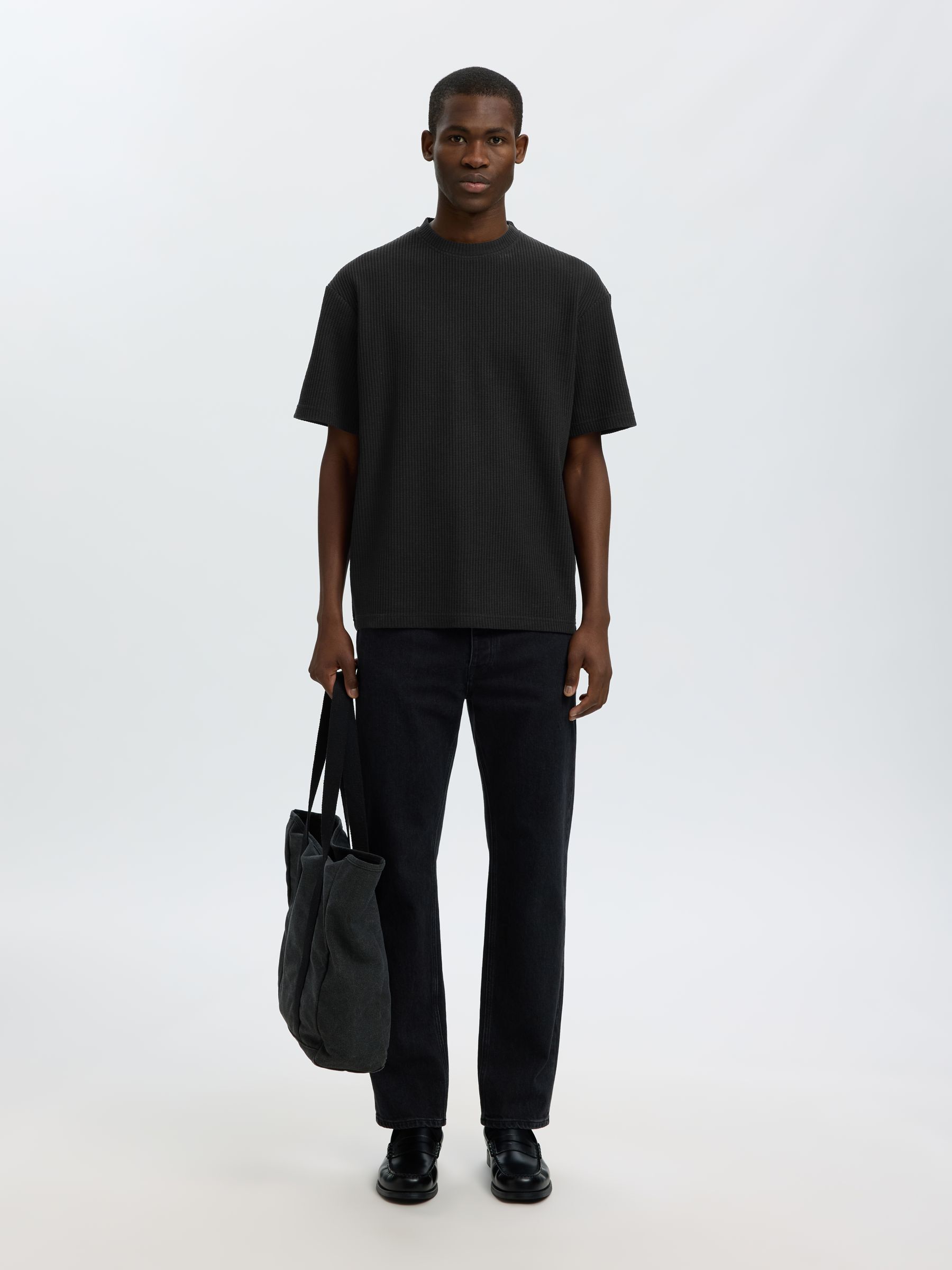 RELAXED FIT WAFFLED  T-SHIRT, Black, highres