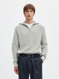 RIBBED ORGANIC COTTON HALF-ZIP JUMPER, Light Grey Melange, highres