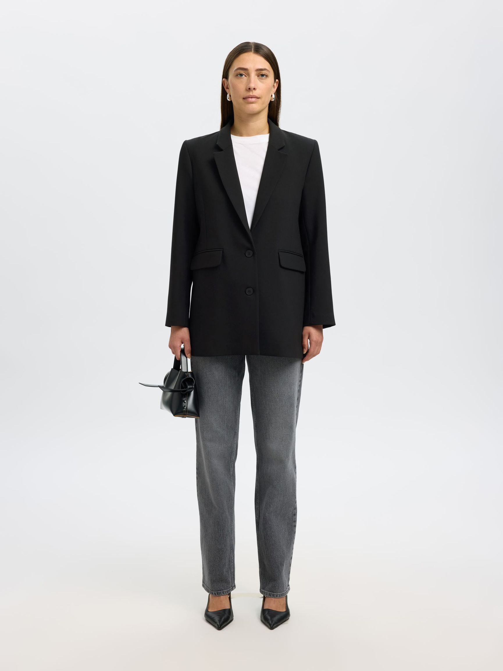 LÅNG RELAXED FIT ENKELKNÄPPT KAVAJ, Black, highres