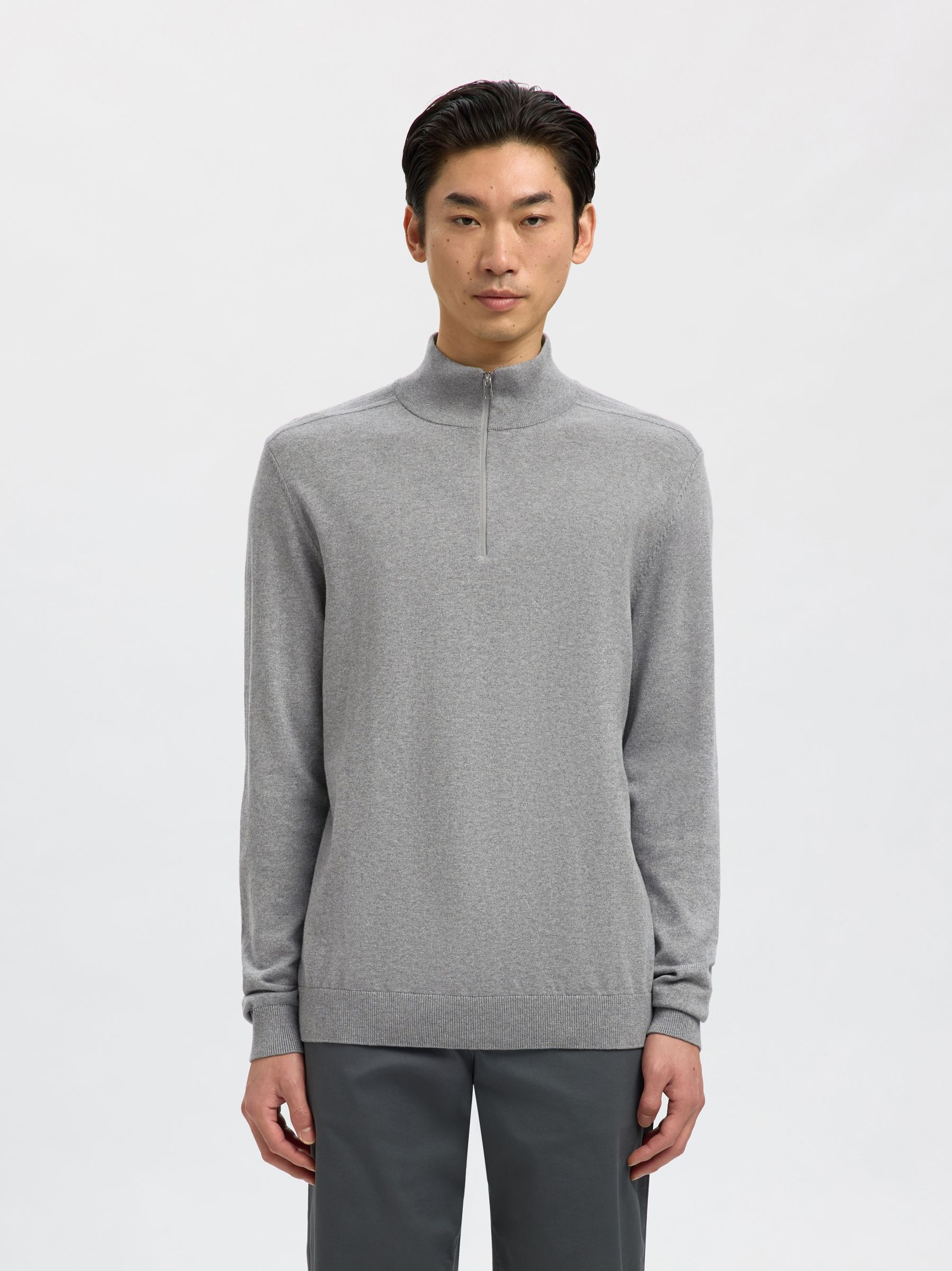 HALF-ZIP KNITTED JUMPER, Medium Grey Melange, highres