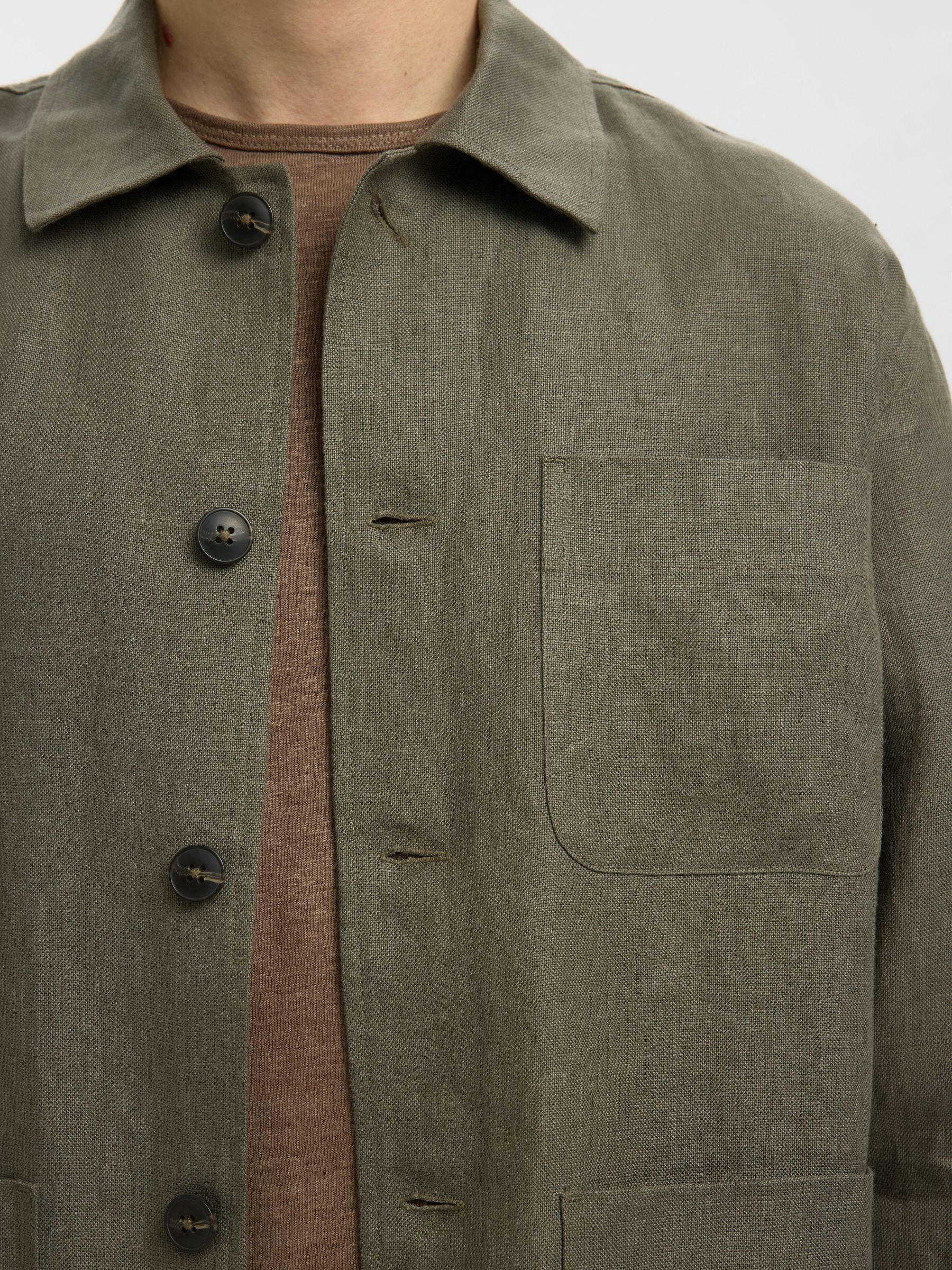 LINEN OVERSHIRT, Olive Green, highres