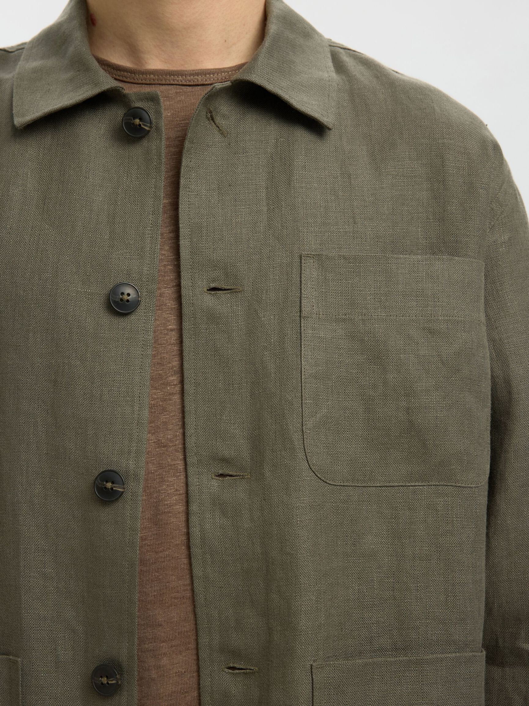 LINEN OVERSHIRT, Olive Green, highres