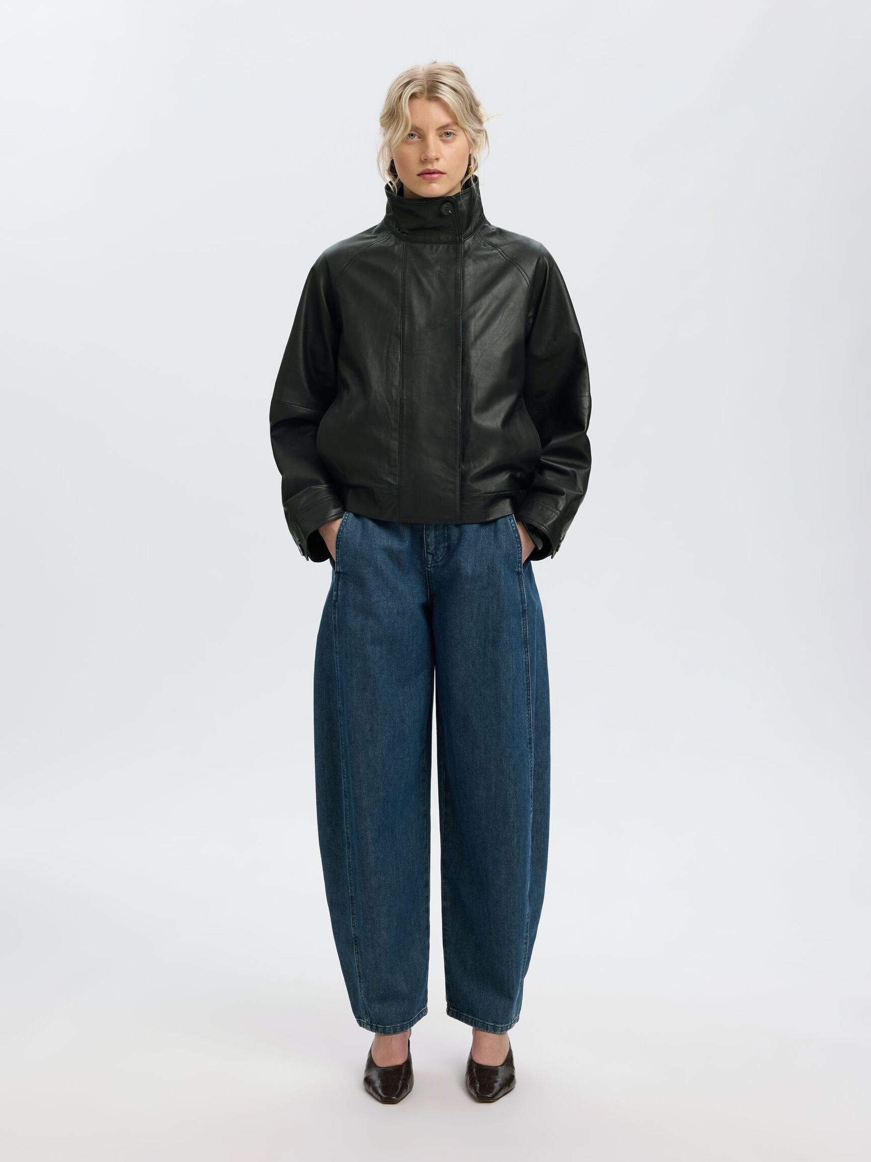 HIGH NECK LEATHER JACKET, Black, highres