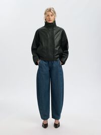 HIGH NECK LEATHER JACKET, Black, highres