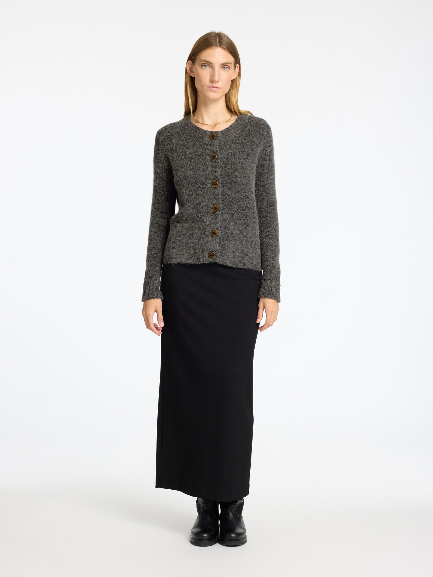WOOL BLEND KNITTED CARDIGAN, Medium Grey Melange, highres