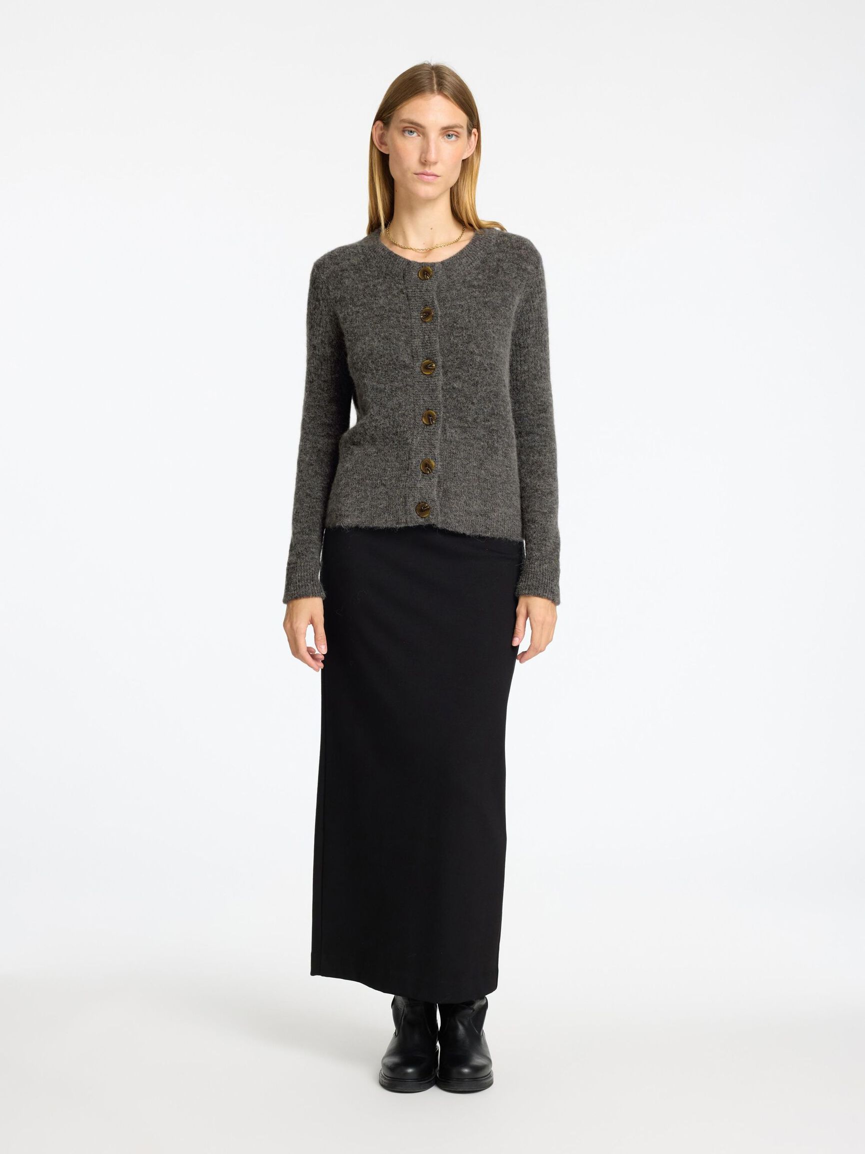 WOOL BLEND KNITTED CARDIGAN, Medium Grey Melange, highres