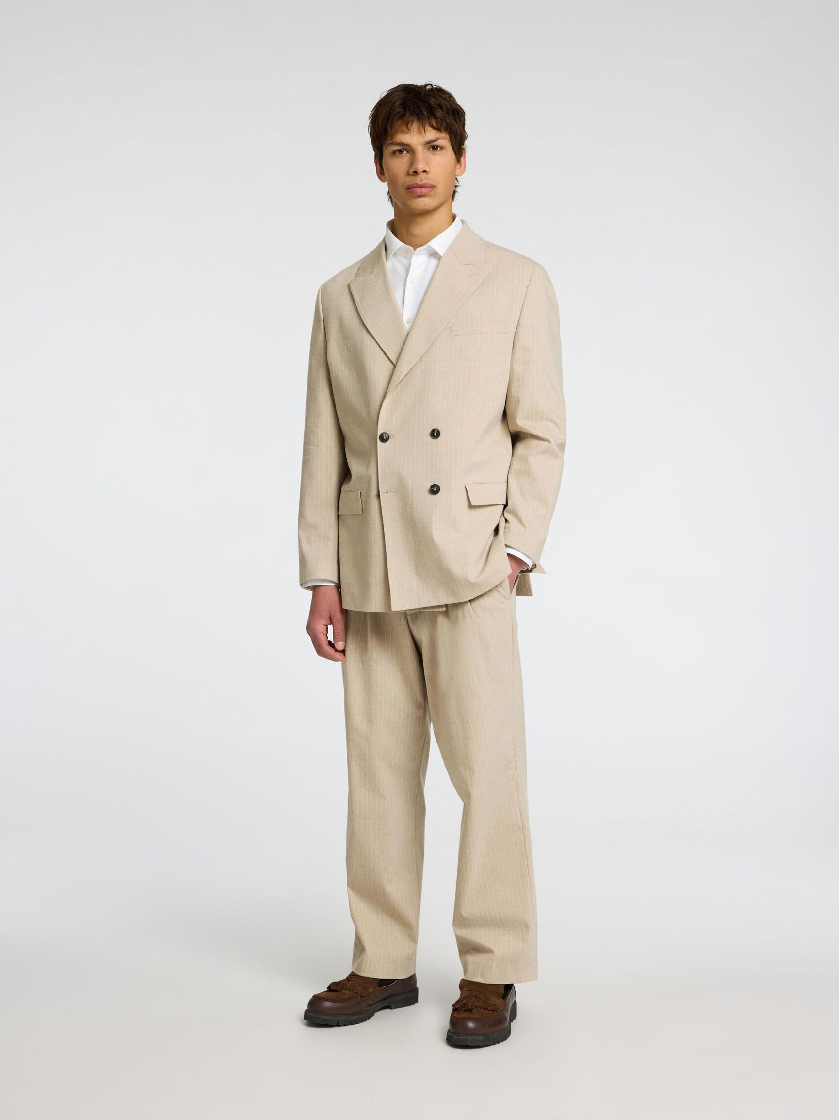 RELAXED FIT PINSTRIPE DOUBLE-BREASTED BLAZER, Sand, highres