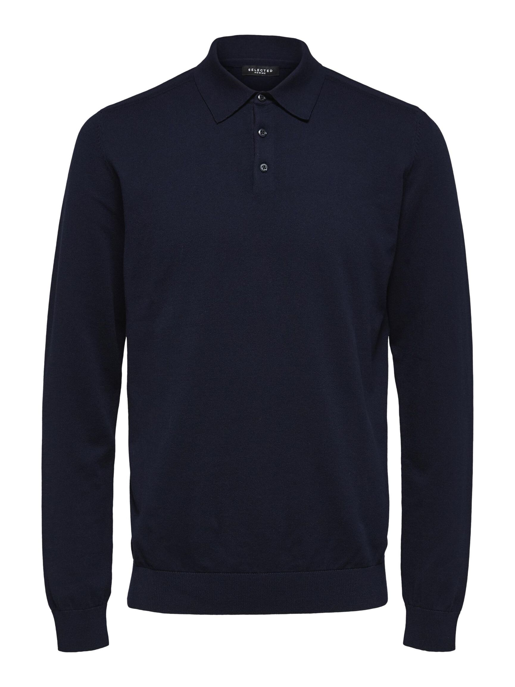 KNITTED LONG-SLEEVED POLO SHIRT, Navy Blazer, highres