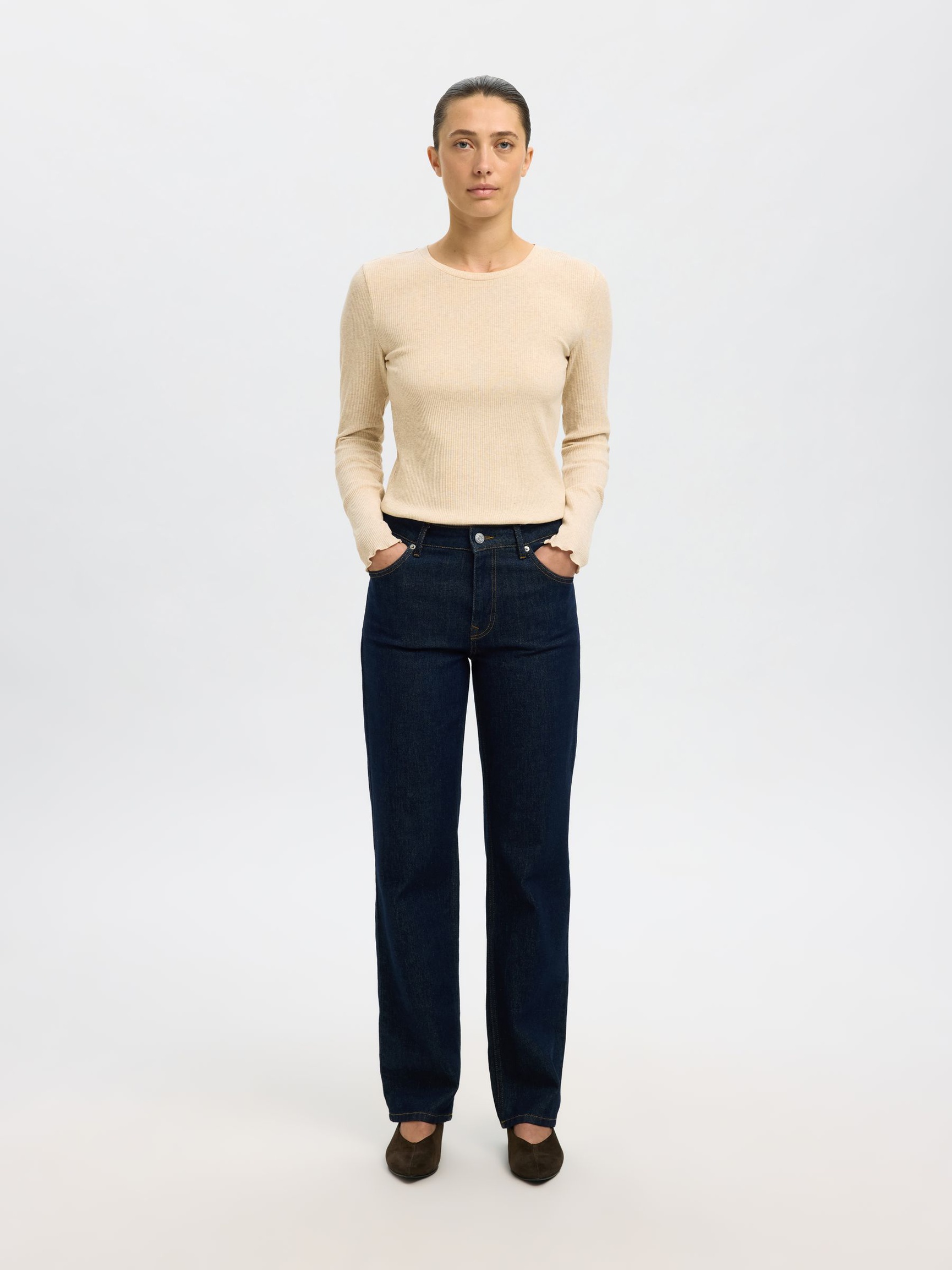 RIBBED LONG SLEEVED TOP, Oatmeal, highres
