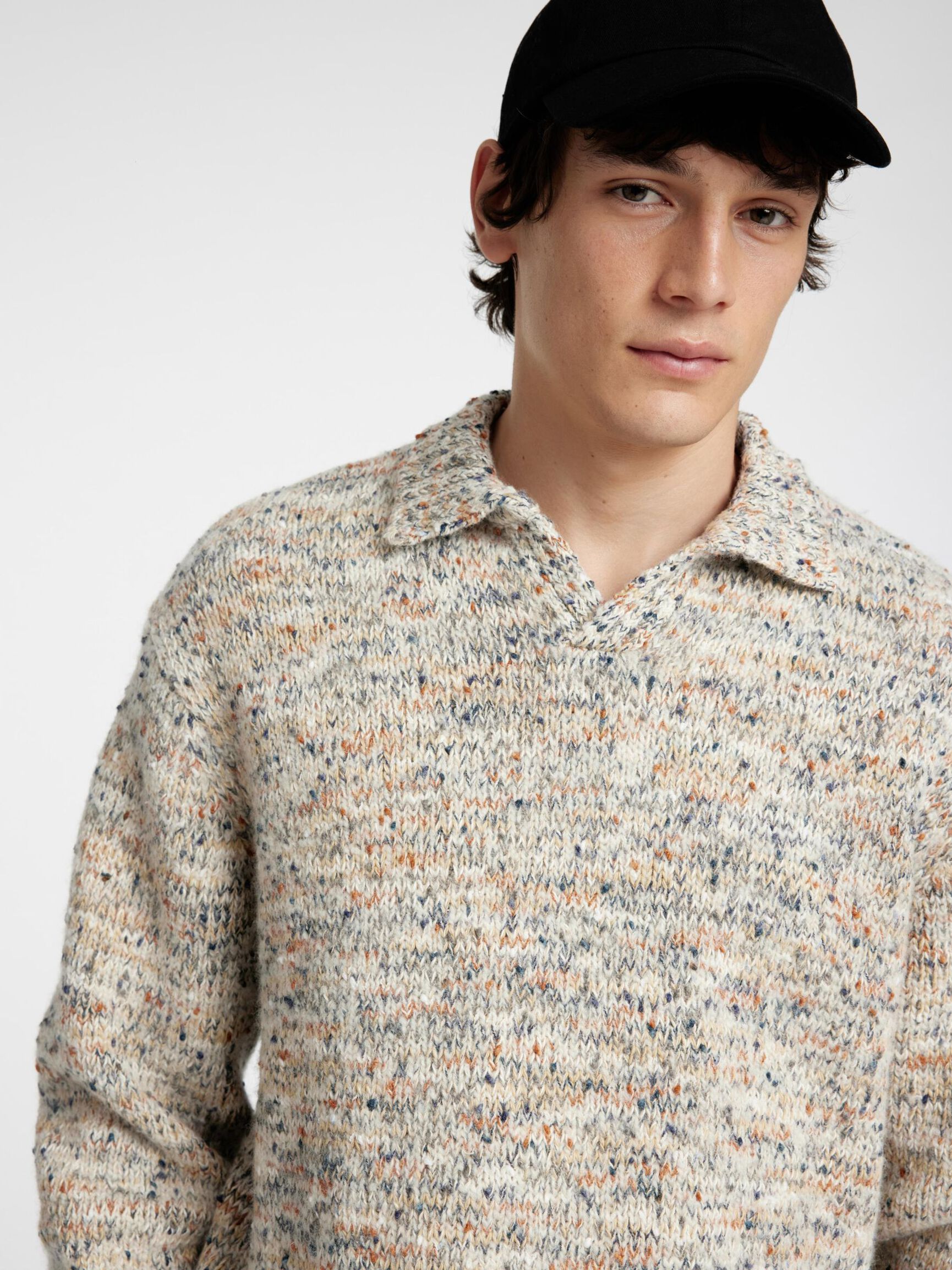 WOOL BLEND POLO JUMPER, Tofu, highres