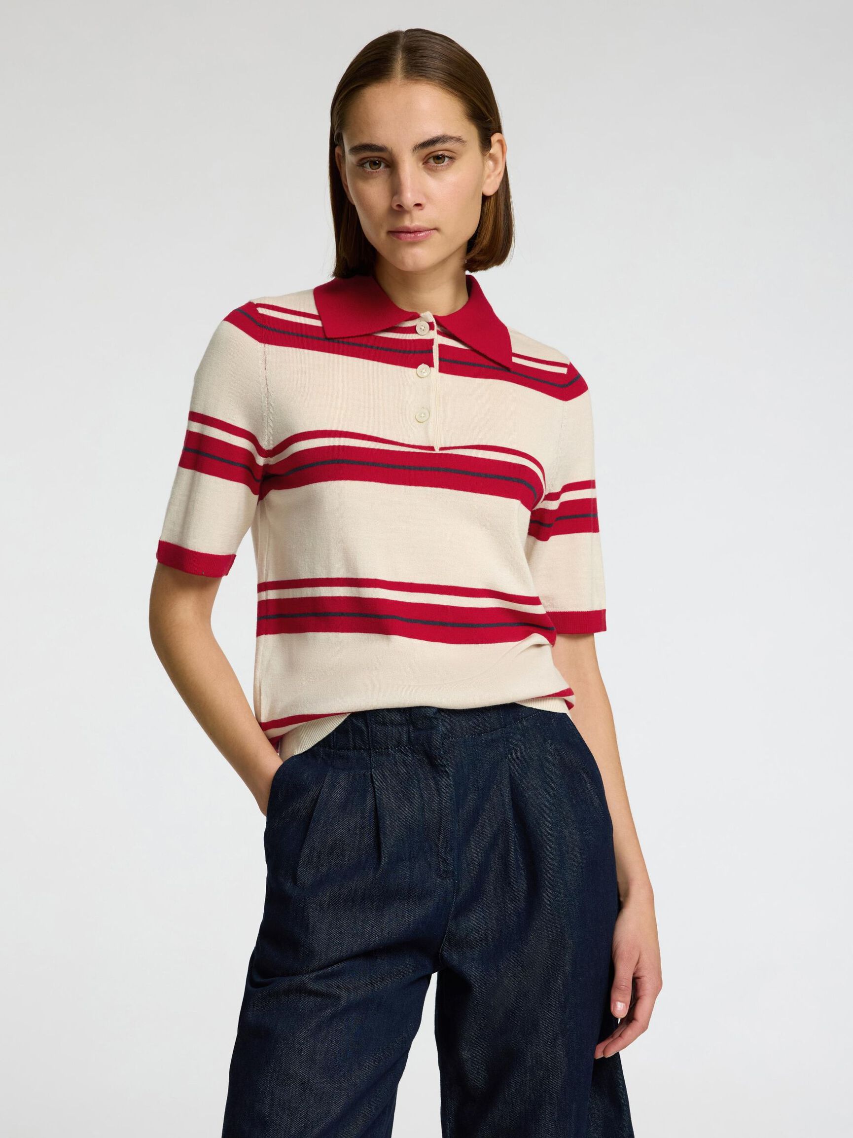 100% MERINOULD STRIKKET POLOSHIRT, Birch, highres