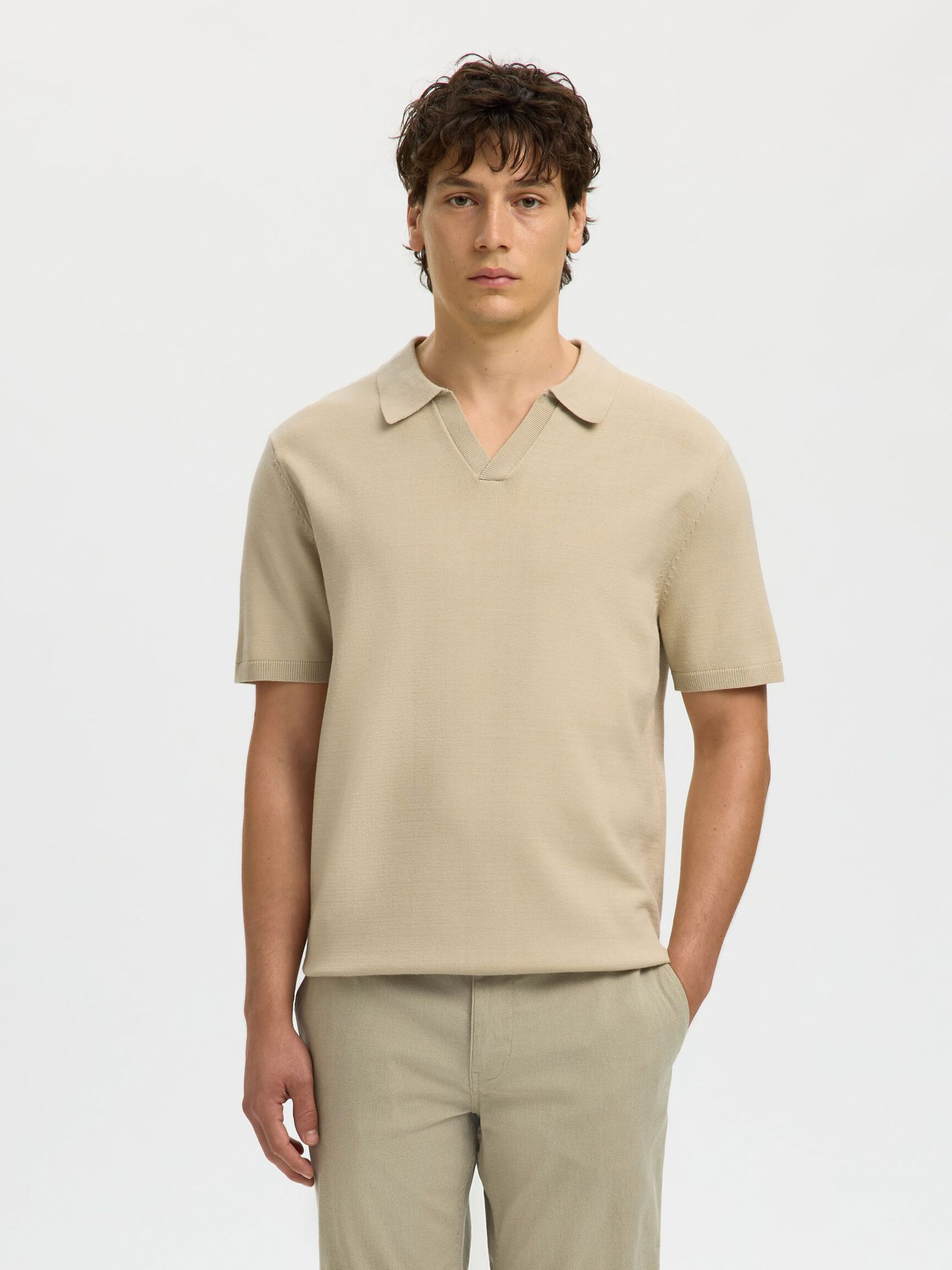 KNITTED POLO SHIRT, Oatmeal, highres