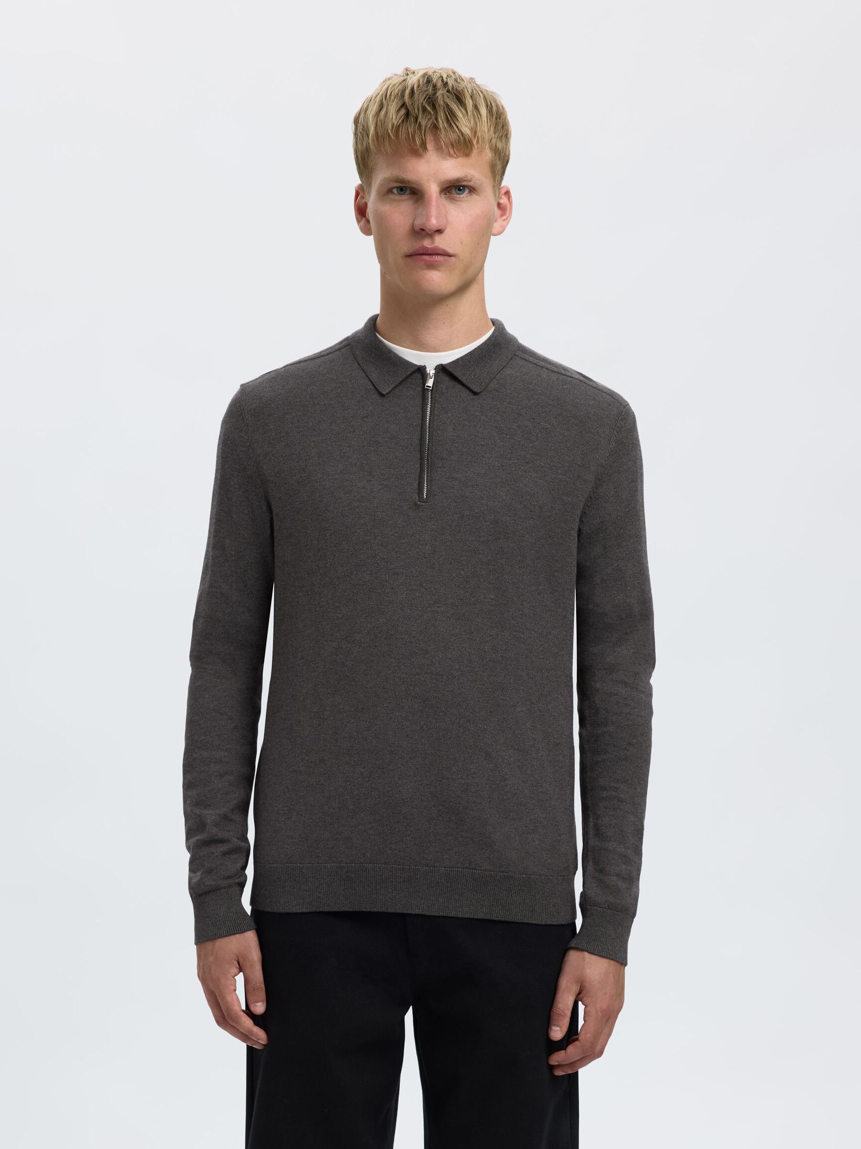 KNITTED LONG-SLEEVED POLO, Antracit, highres