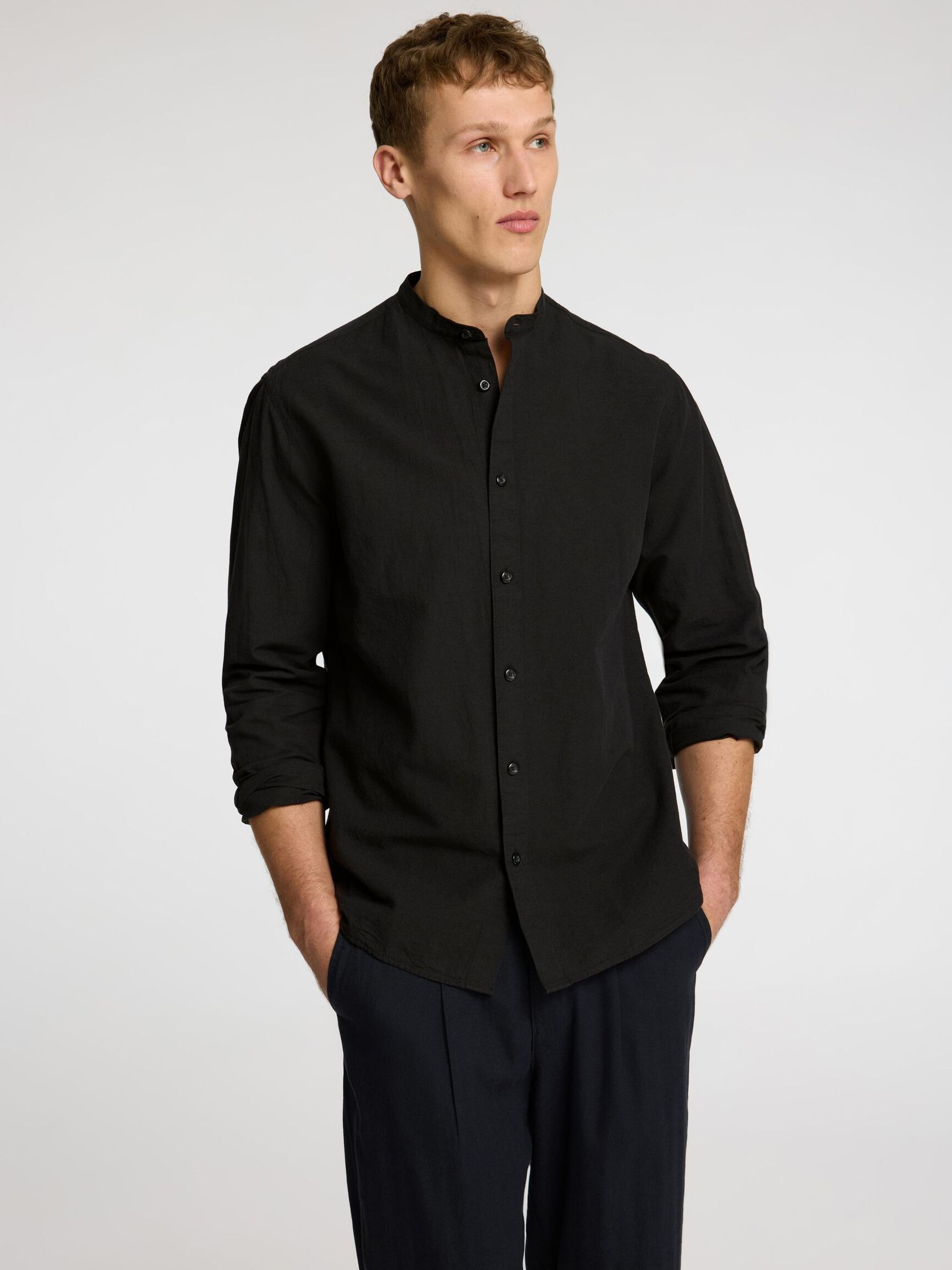 PRENDA DE MANGAS LARGAS EN MEZCLA DE LINO CAMISA, Black, highres