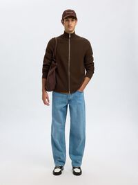ZIPPED HIGH NECK KNITTED CARDIGAN, Demitasse, highres
