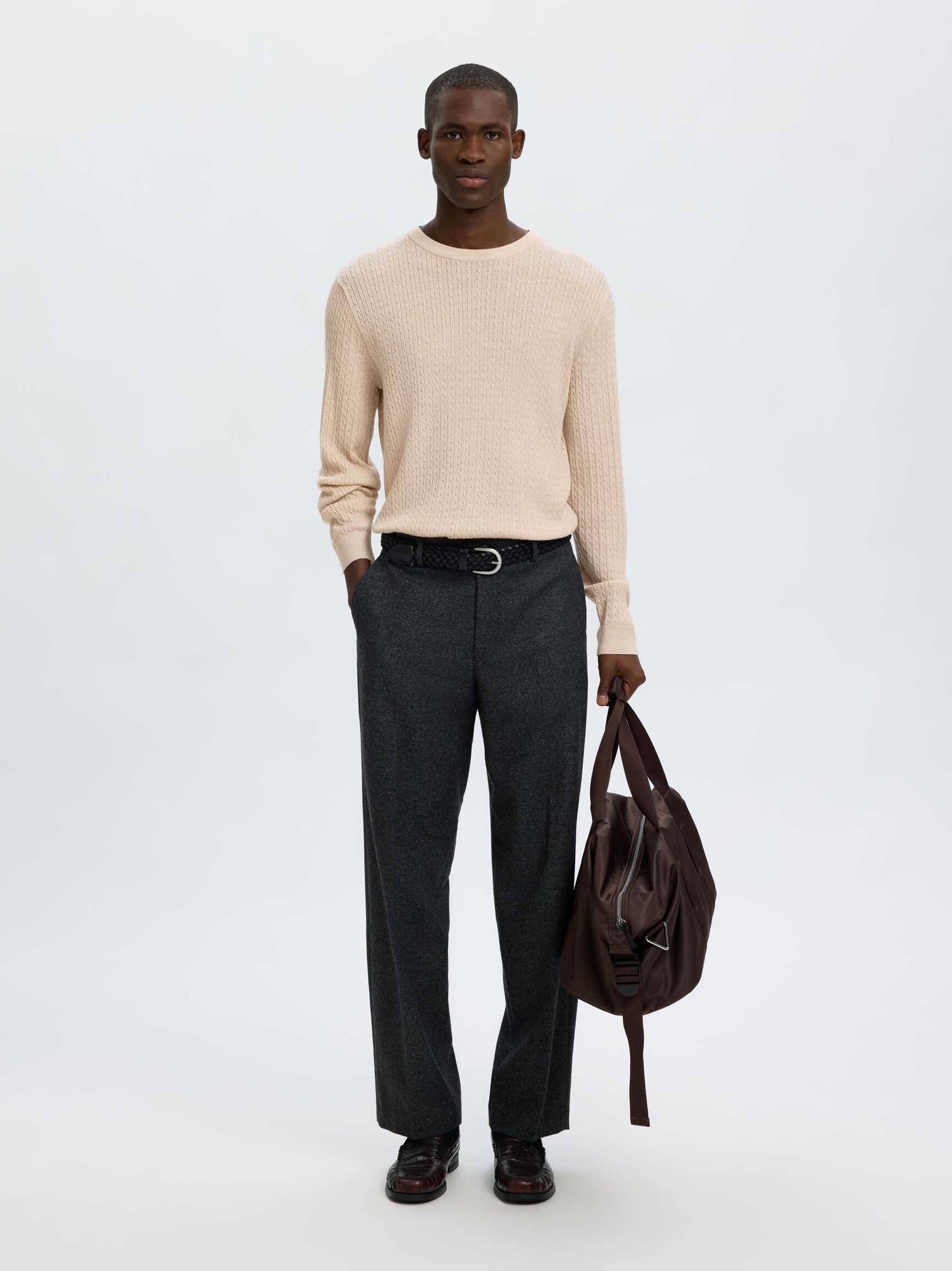 100% MERINO WOOL KNITTED PULLOVER, Oatmeal, highres