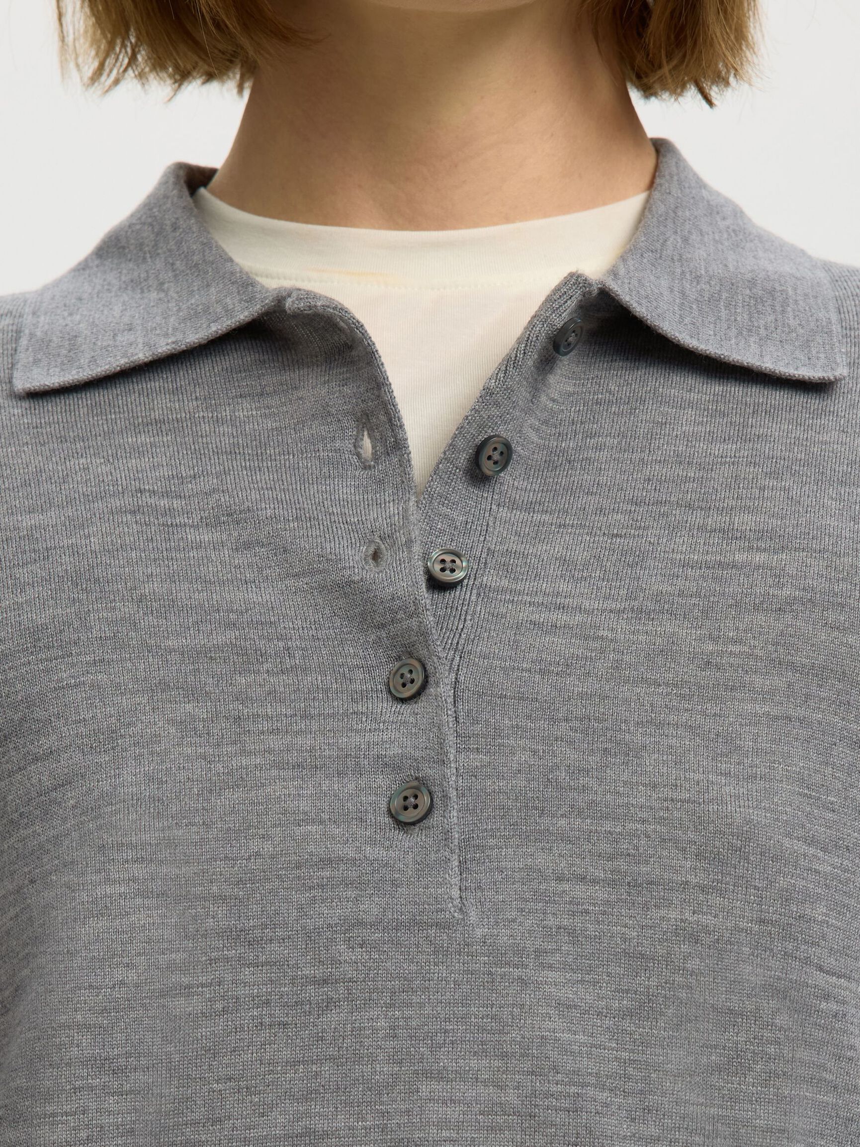 100% MERINOULD STRIKKET POLOSHIRT, Medium Grey Melange, highres