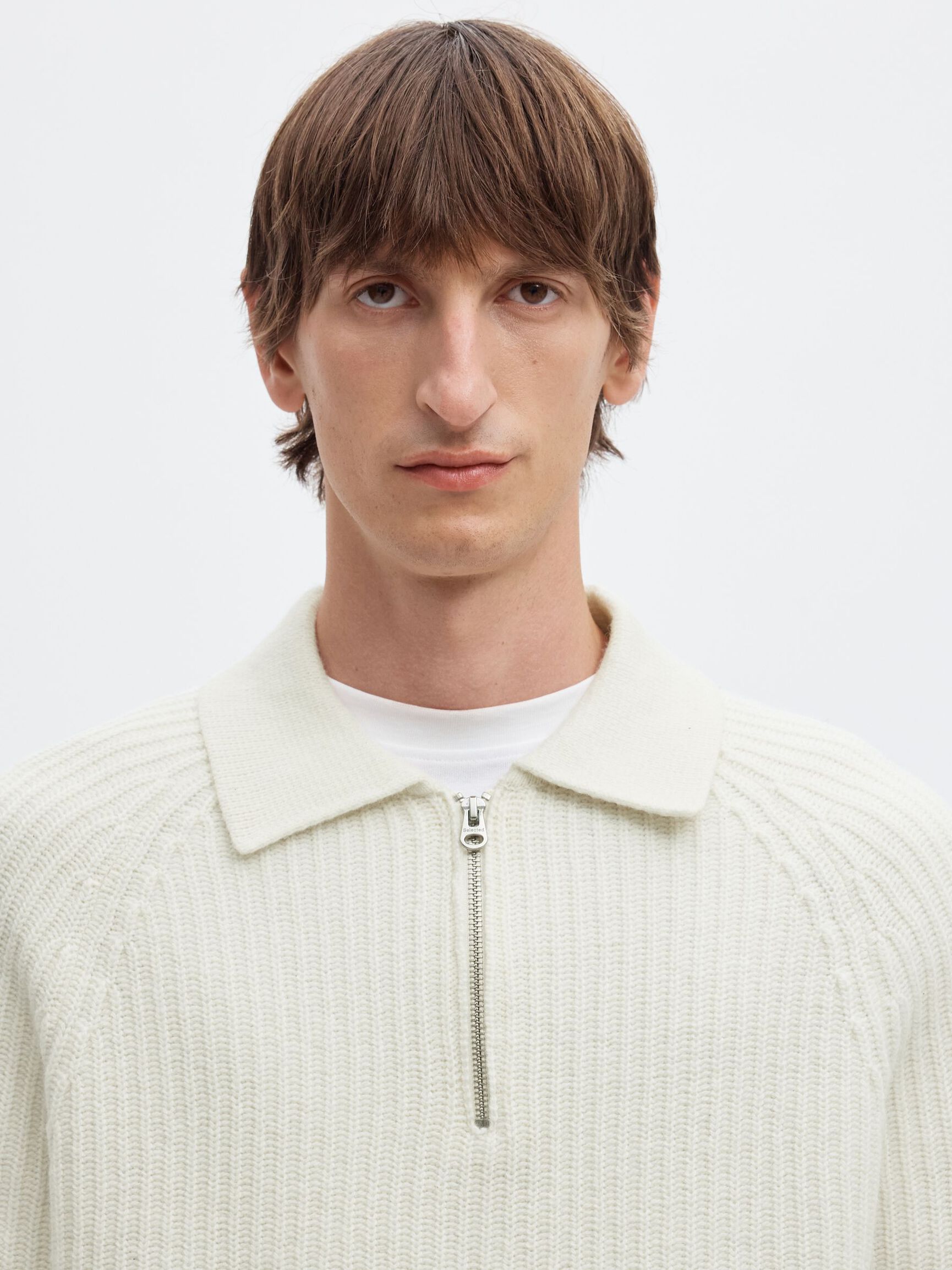 WOOL BLEND KNITTED POLO SHIRT, Egret, highres