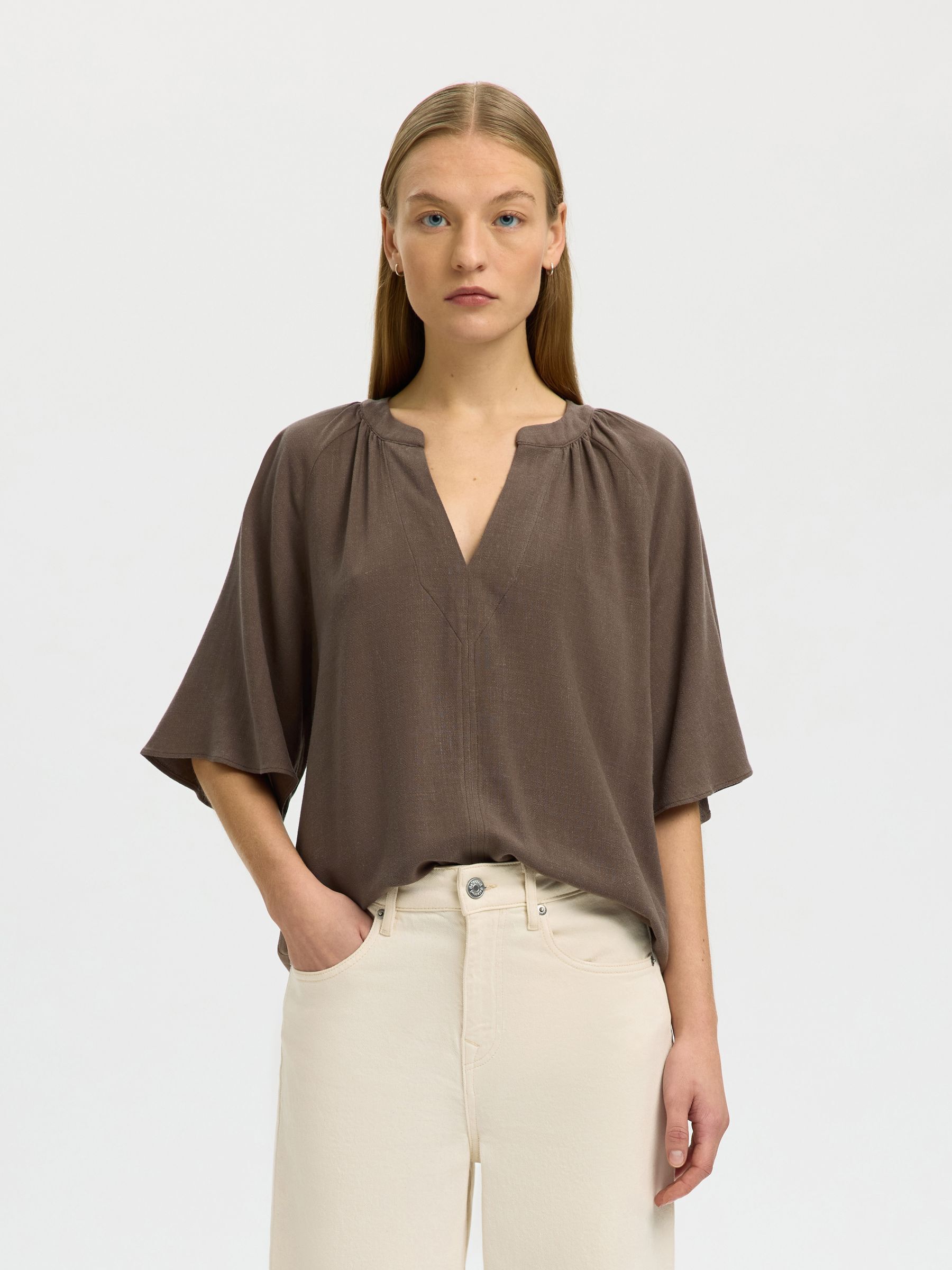 VISCOSE BLEND V-NECK BLOUSE, Chocolate Chip, highres