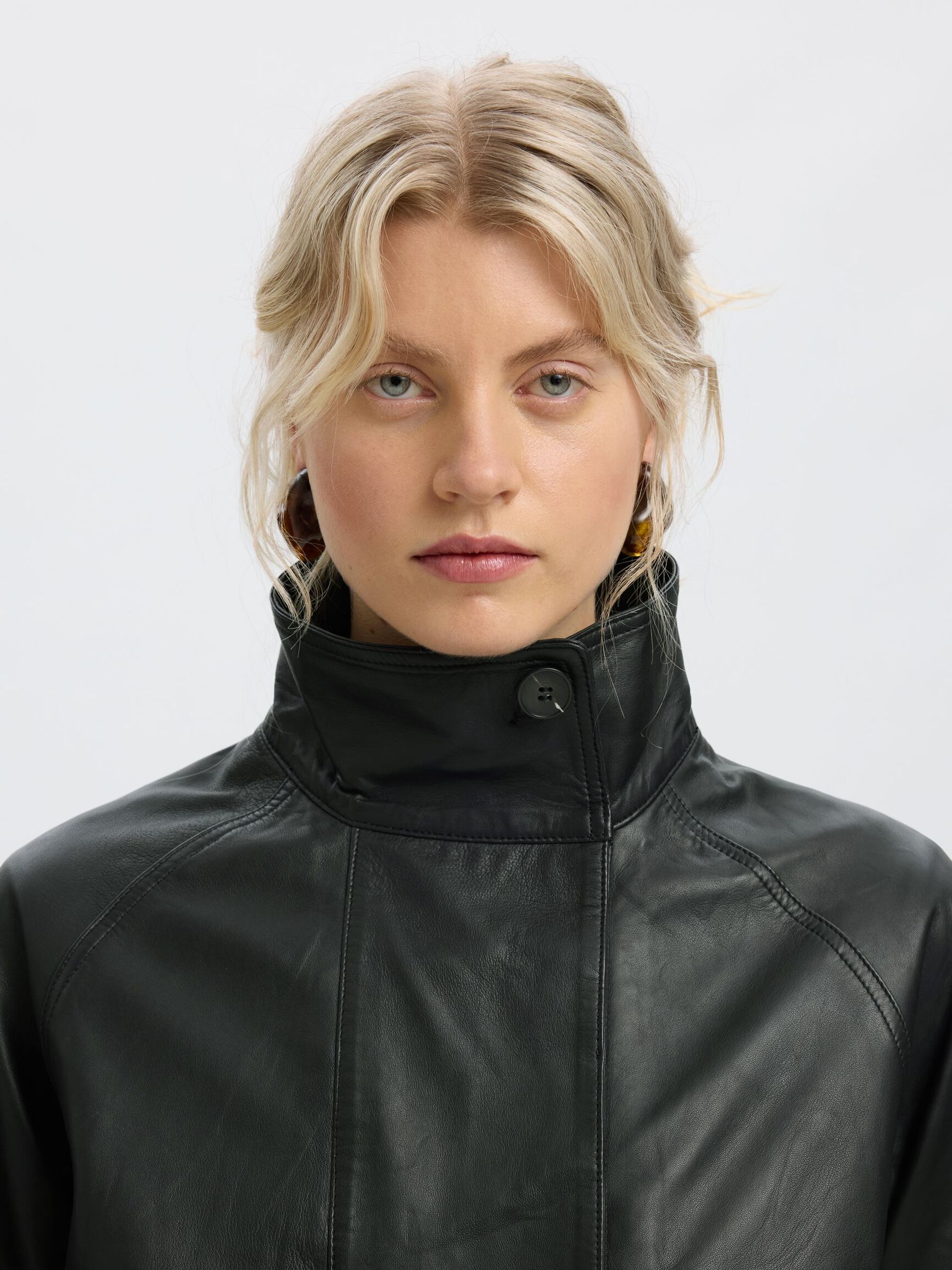 HIGH NECK LEATHER JACKET, Black, highres