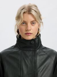 HIGH NECK LEATHER JACKET, Black, highres