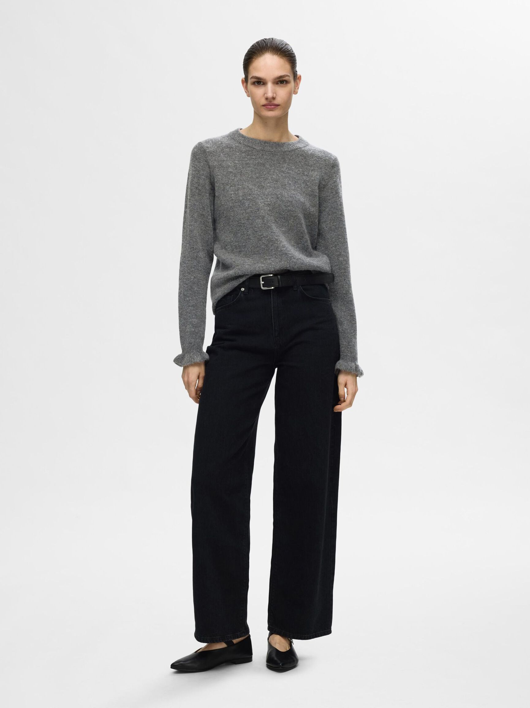 WOOL BLEND RUFFLED SLEEVE PULLOVER, Medium Grey Melange, highres
