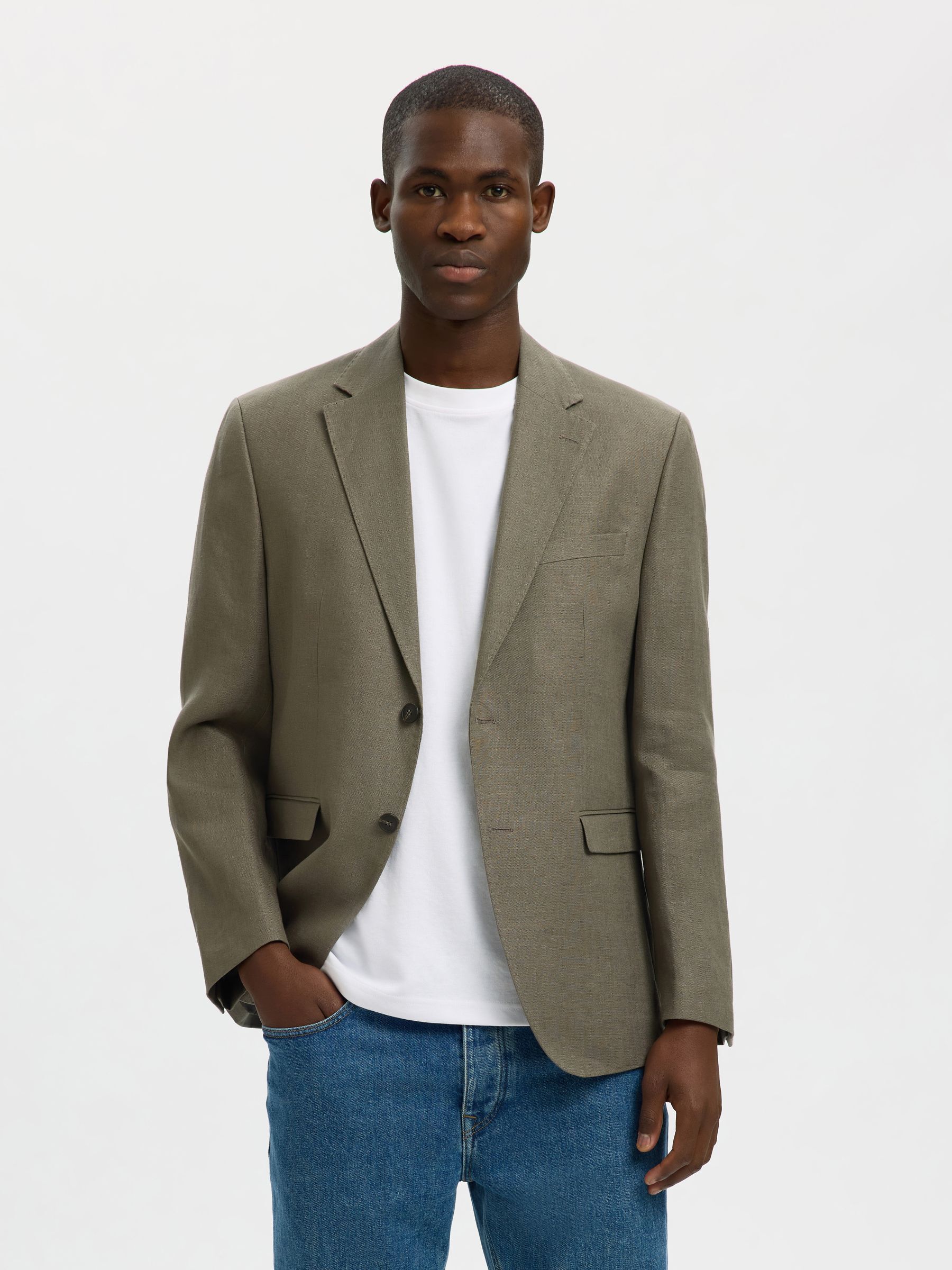 REGULAR FIT LINEN BLAZER, Olive Green, highres