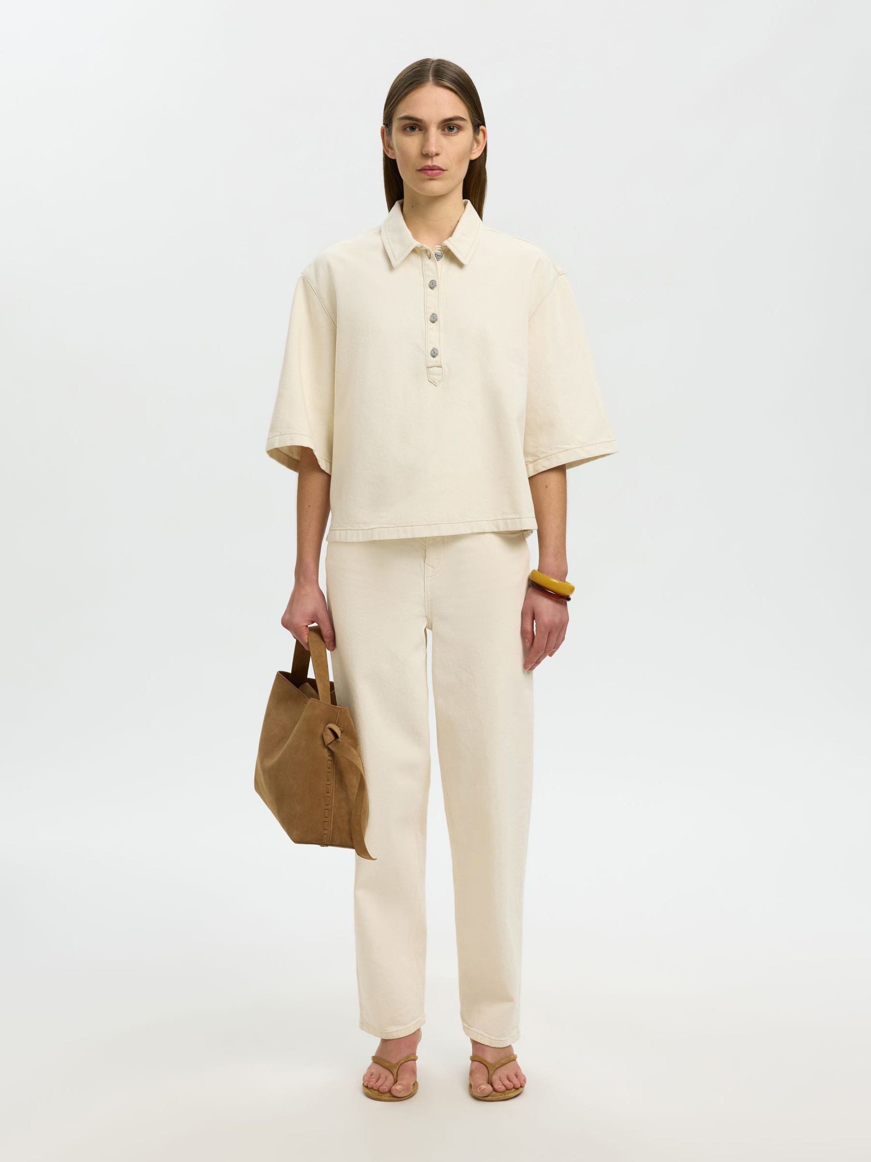 DENIM POLO SHIRT, Egret, highres