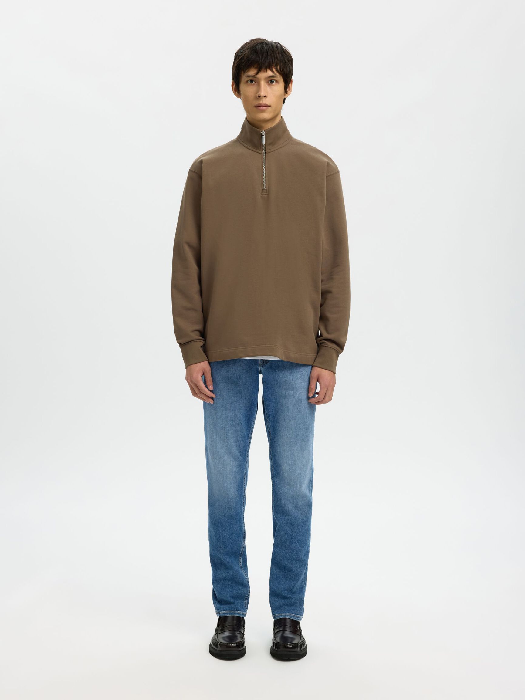 RIBBED HALF ZIP LONG-SLEEVED POLO, Morel, highres