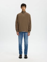 RIBBED HALF ZIP LONG-SLEEVED POLO, Morel, highres