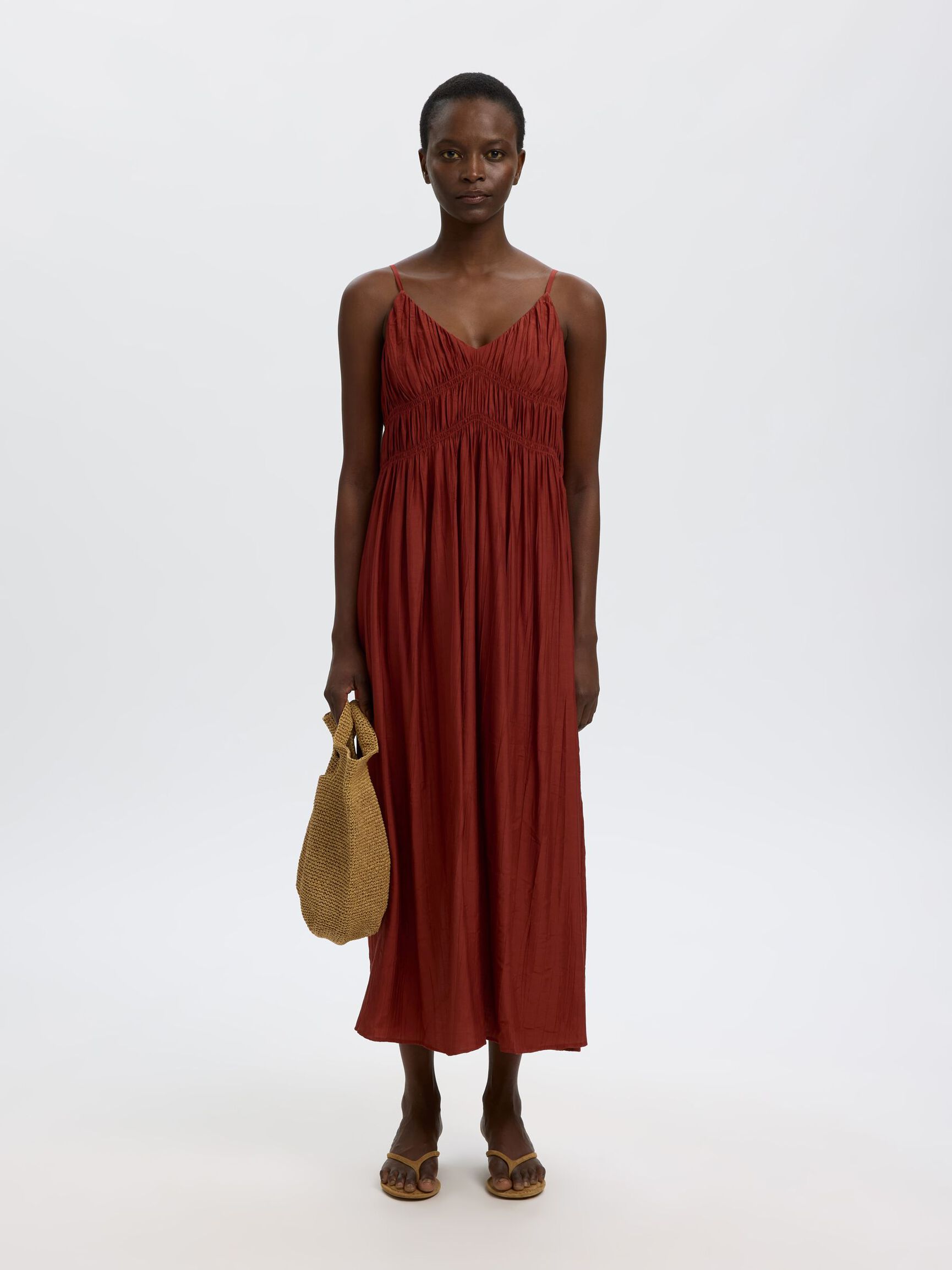 V-NECK SPAGHETTI MAXI DRESS, Cherry Mahogany, highres