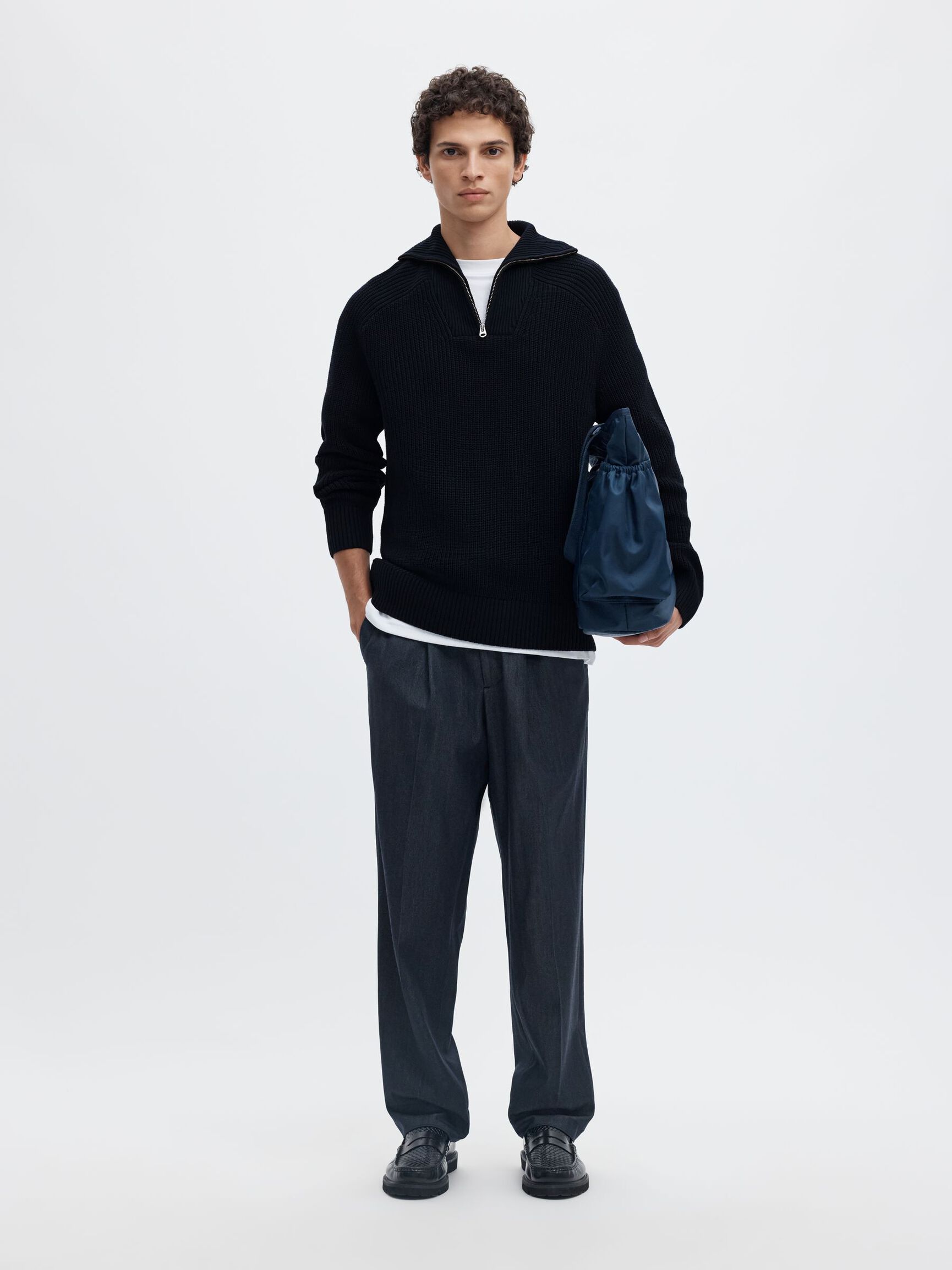 RIBBED ORGANIC COTTON HALF-ZIP JUMPER, Sky Captain, highres