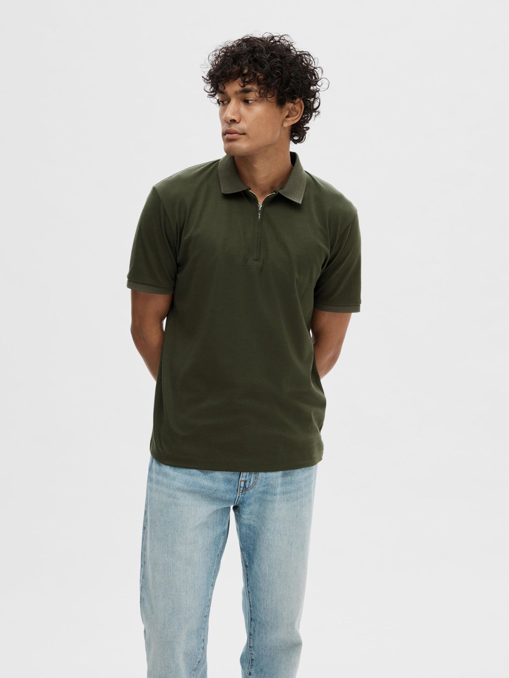 ZIPPER POLO SHIRT, Forest Night, highres