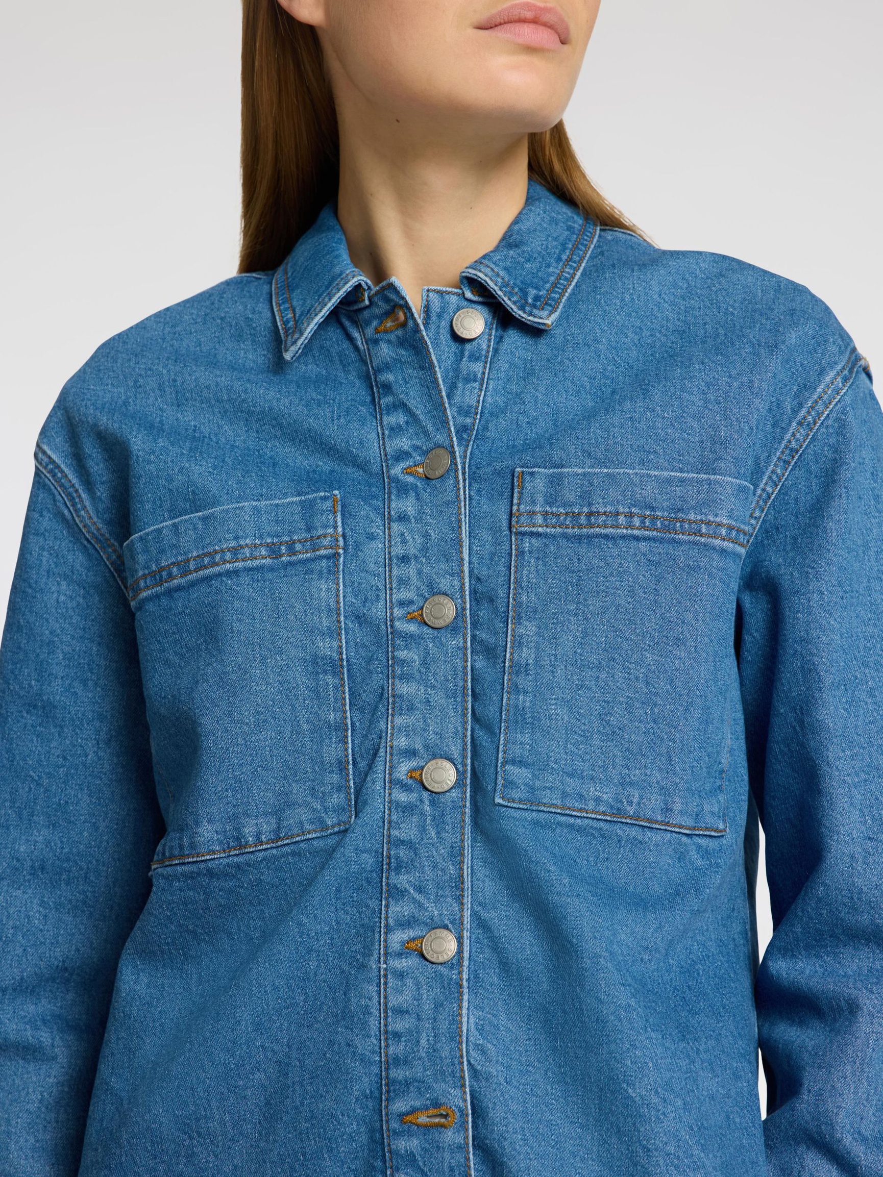 LANGE MOUWEN SPIJKERBLOUSE, Medium Blue Denim, highres