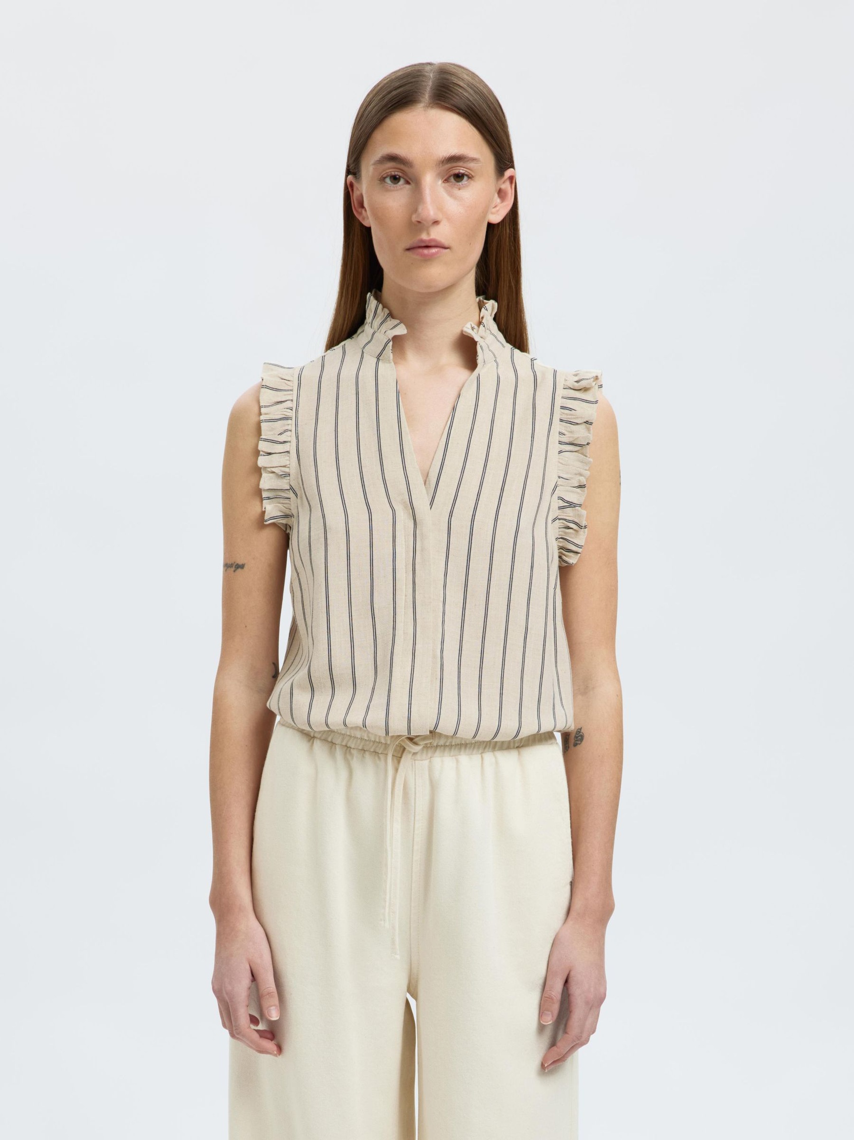 STRIPED BLOUSE, Sandshell, highres